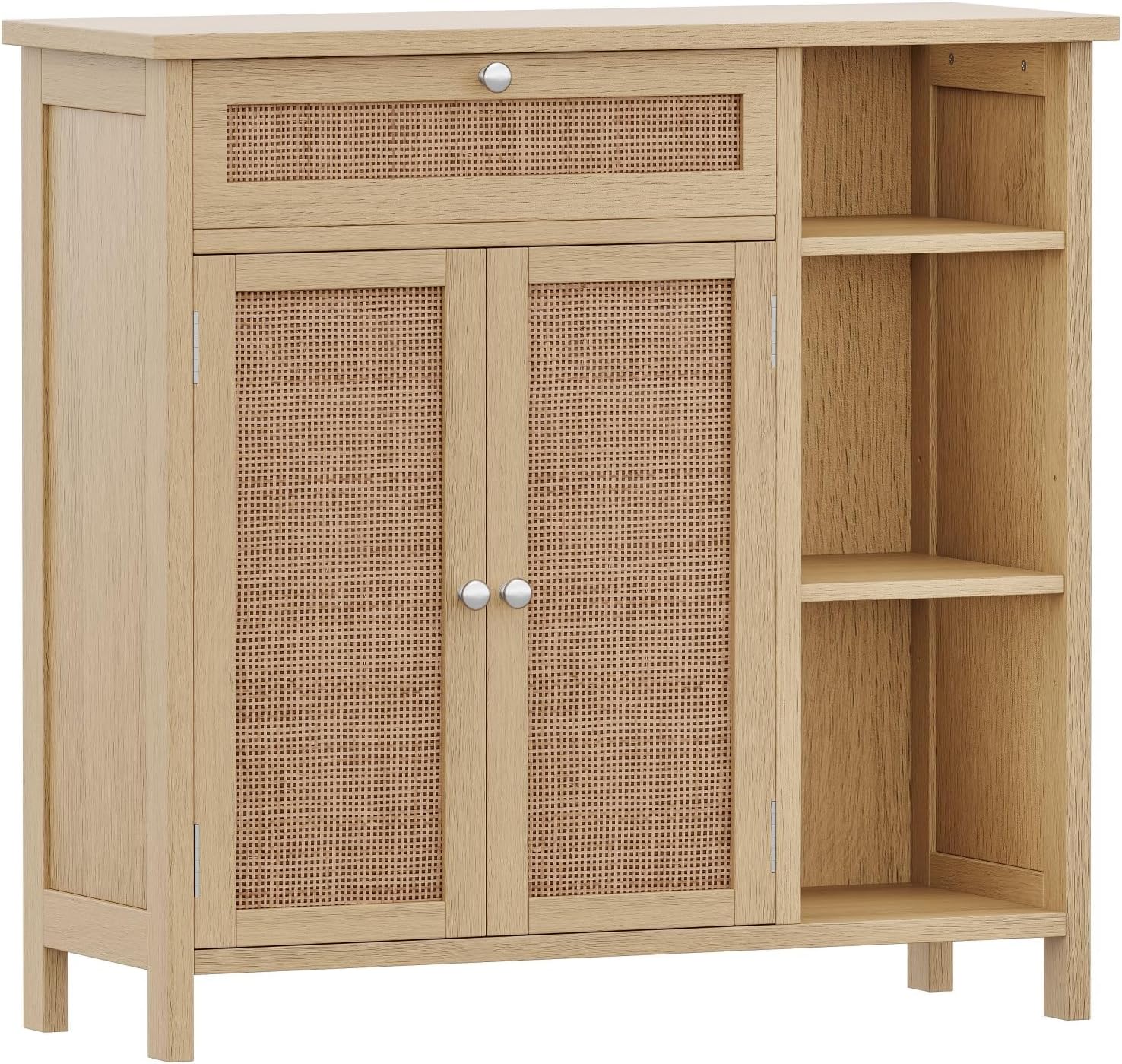 Irontar Bathroom Cabinet with Rattan Doors, Bathroom Floor Cabinet with Open Storage & Adjustable Shelf, Coffee Bar with Drawer, Storage Cabinet for Living Room, Entryway, Natural CWG001M