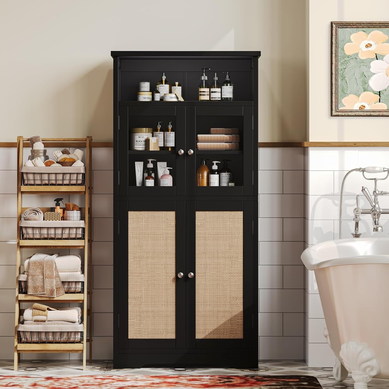 Irontar Rattan Bathroom Storage Cabinet, Freestanding Bathroom Cabinet with Open Storage, Kitchen Pantry Cabinet with Doors, Bathroom Floor Cabinet, Black and Natural CWG007BM