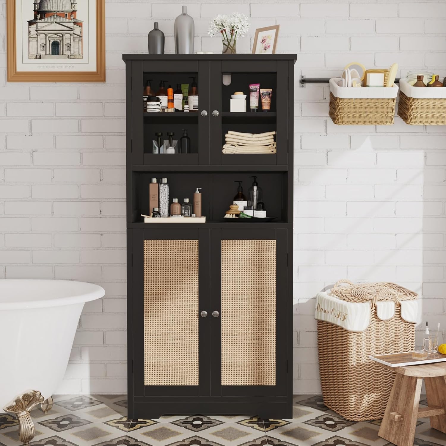 Irontar Bathroom Cabinet, Freestanding Floor Cabinet with Open Storage, Large Display Cabinet with Doors, Kitchen Cupboard, Storage Cabinet for Living Room, Black and Natural CWG006BM