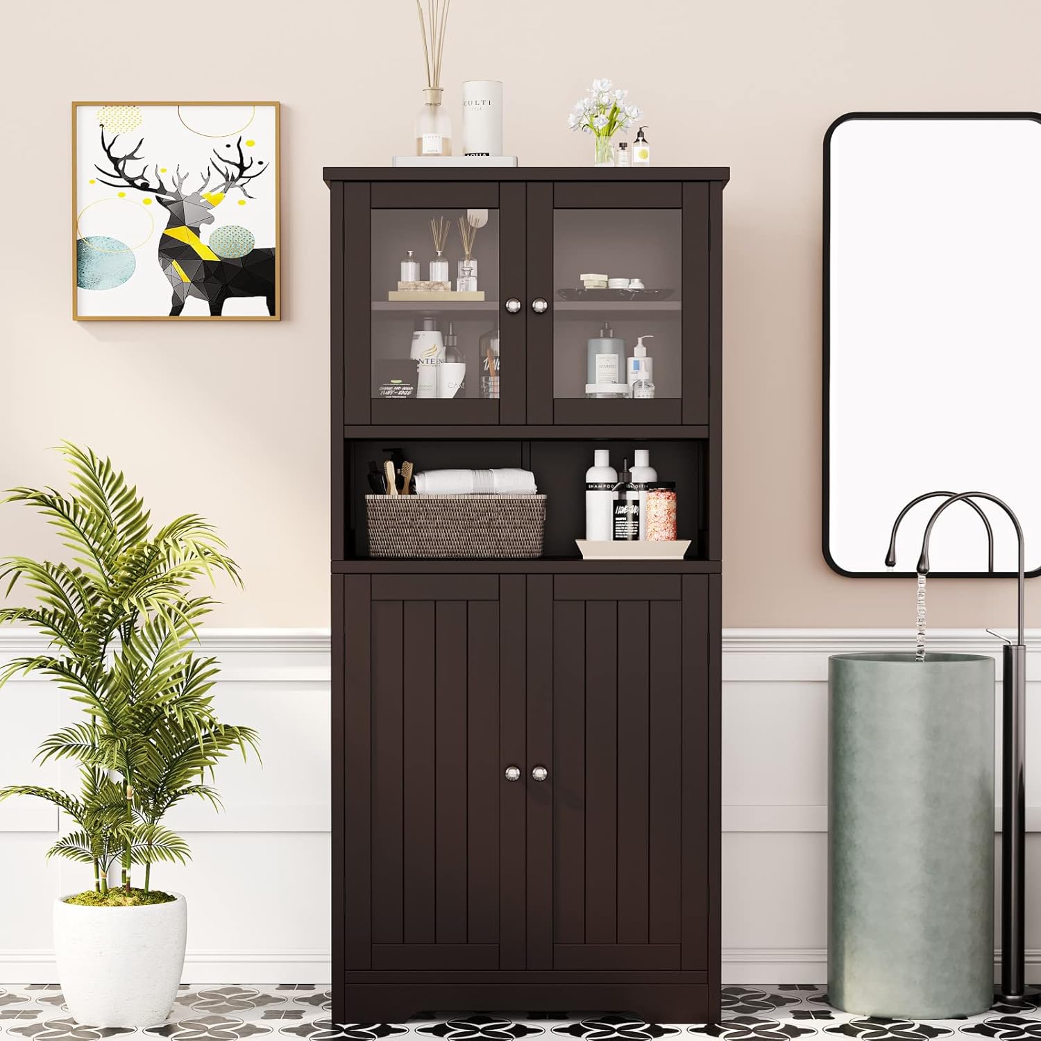 Irontar Bathroom Cabinet, Freestanding Floor Cabinet with Open Shelf, Large Display Cabinet with Doors, Kitchen Cupboard, Storage Cabinet for Living Room, 23.6 x 11.8 x 50.4 Inches, Brown CWG006Z