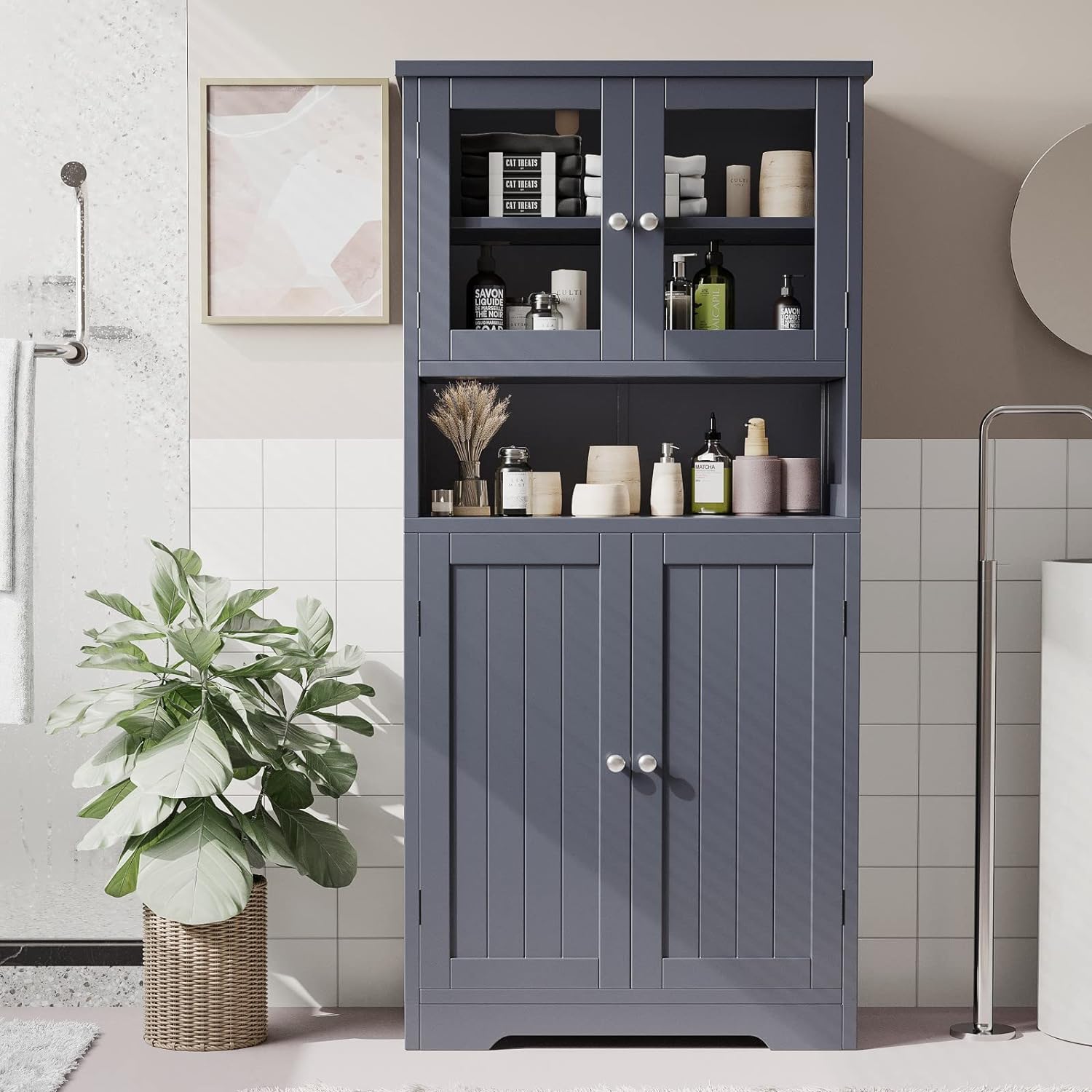 Irontar Bathroom Cabinet, Freestanding Floor Cabinet with Open Shelf, Large Display Cabinet with Doors, Kitchen Cupboard, Storage Cabinet for Living Room, 23.6 x 11.8 x 50.4 Inches, Grey CWG006G