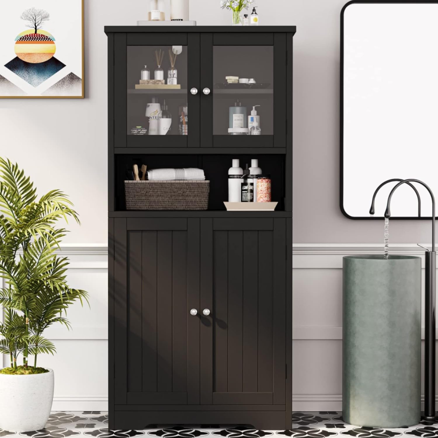 Irontar Bathroom Cabinet, Freestanding Floor Cabinet with Open Shelf, Large Display Cabinet with Doors, Kitchen Cupboard, Storage Cabinet for Living Room, 23.6 x 11.8 x 50.4 Inches, Black CWG006B