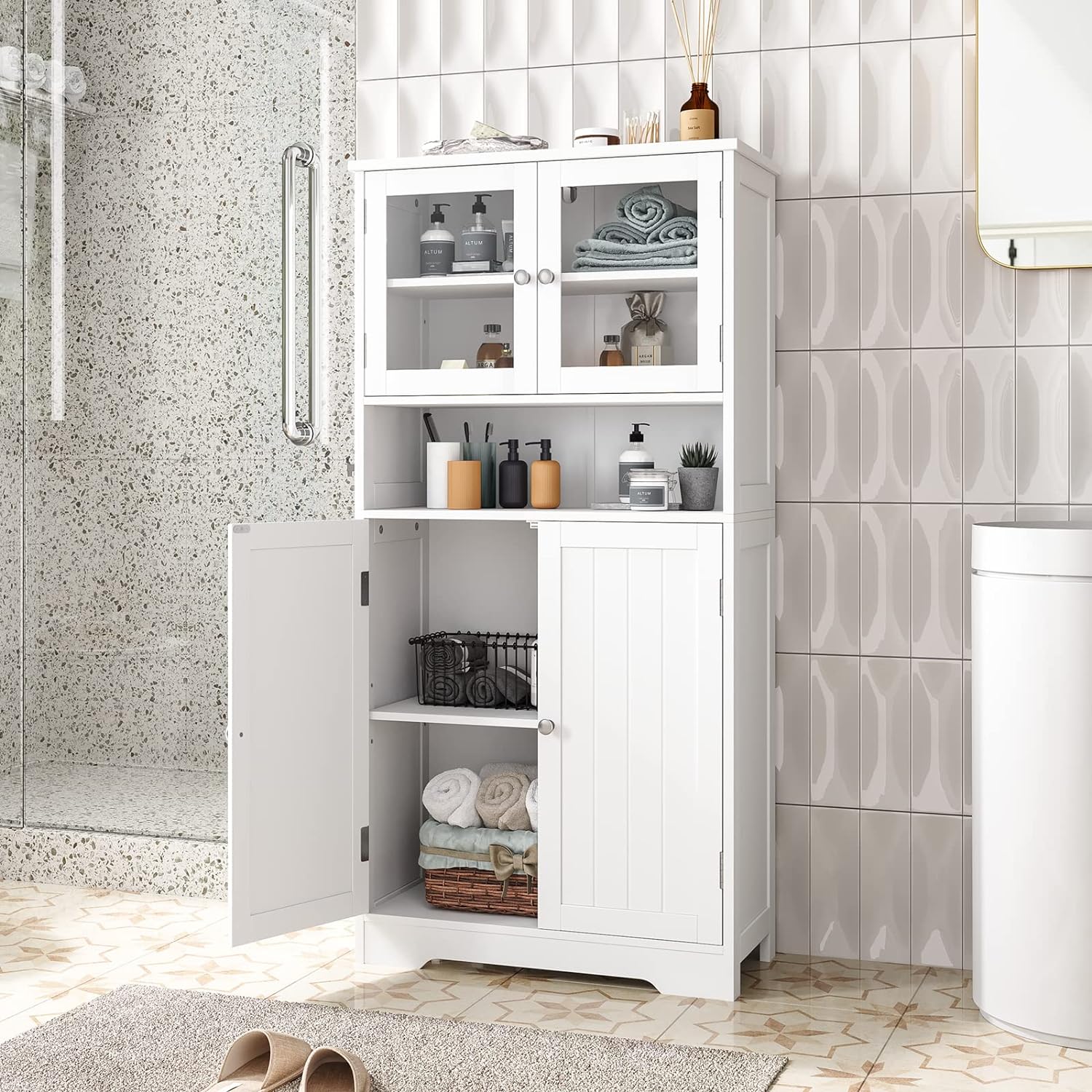 Irontar Bathroom Cabinet, Freestanding Floor Storage Cabinet with Open Shelf & Doors, Kitchen Cupboard, 23.6 x 11.8 x 50.4 Inches, White CWG006W