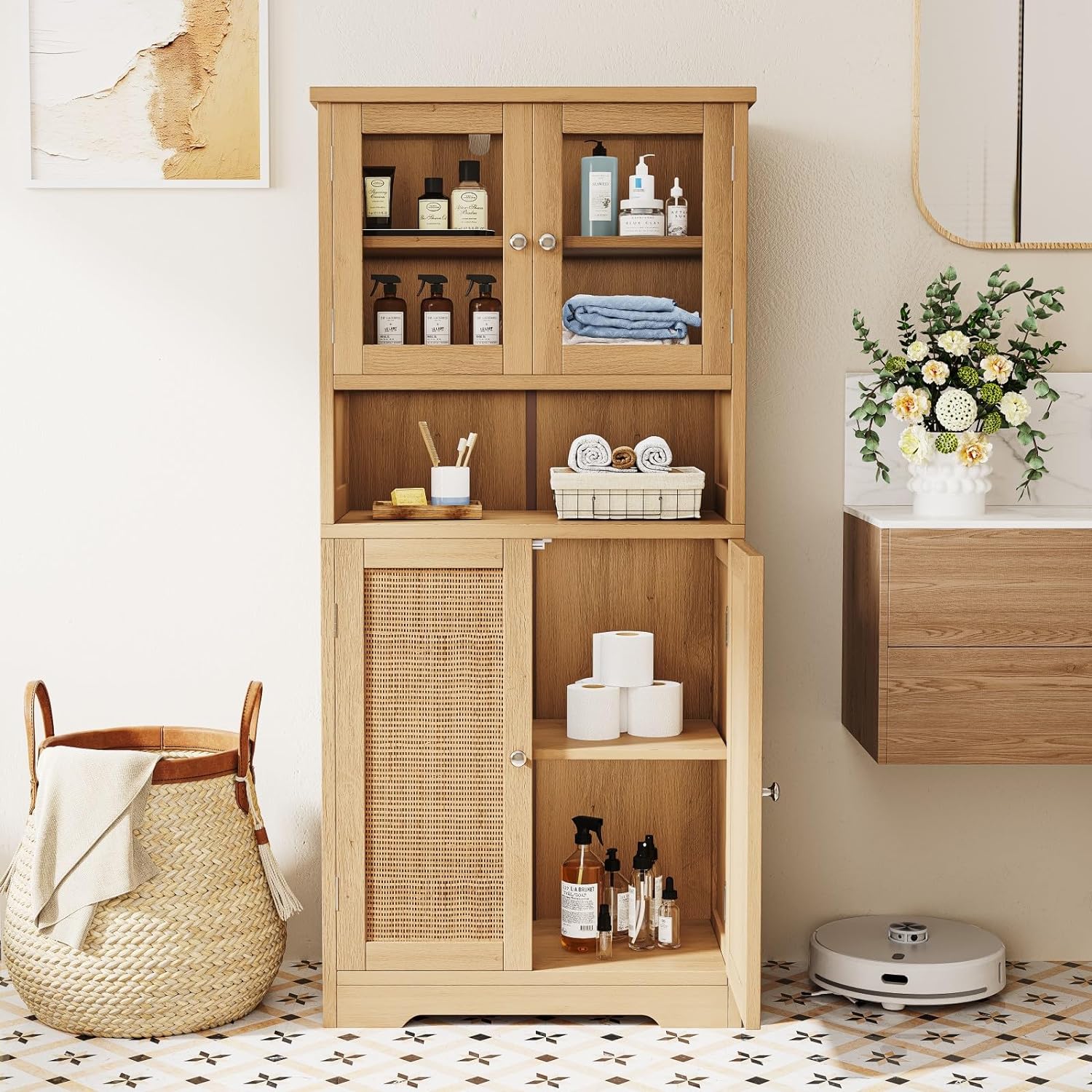 Irontar Rattan Bathroom Storage Cabinet, Freestanding Bathroom Cabinet with Open Shelf, Large Display Cabinet with Rattan Doors, Kitchen Pantry Cabinet, 23.6 x 11.8 x 50.4 Inches, Natural CWG006M