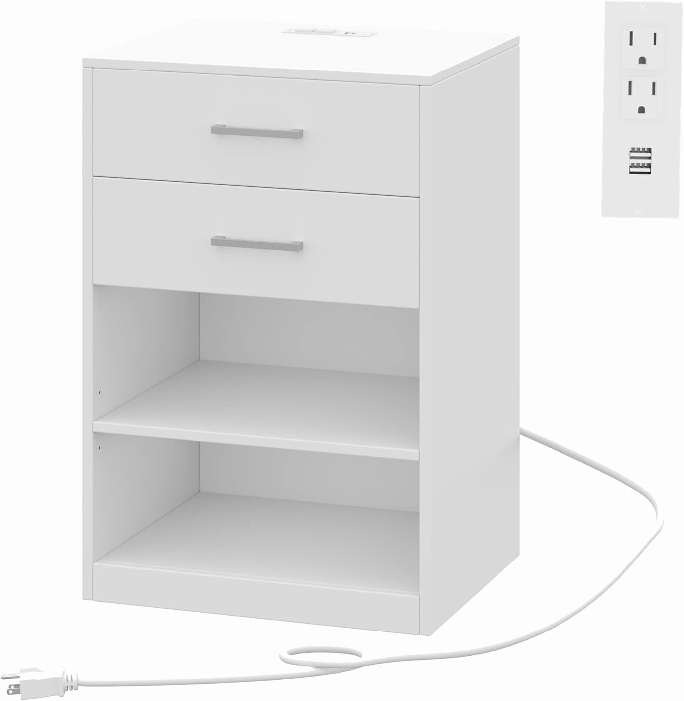 Irontar Nightstand with Charging Station, 2 Drawers End Table with 2 AC Outlets and 2 USB Ports, Wooden Side Table, Bedside Table with Adjustable Open Storage, Bedroom Night Stand, White BZZ001WE