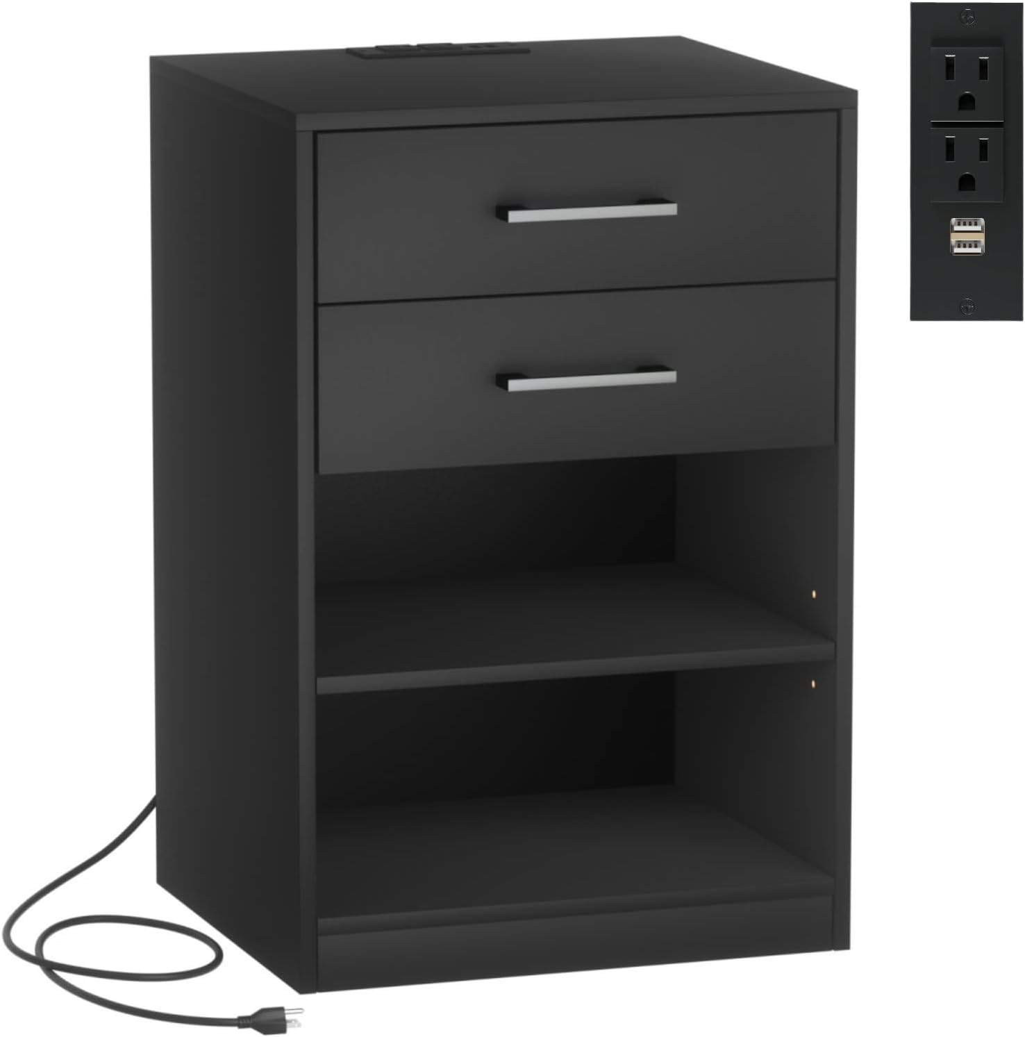 Irontar Nightstand with Charging Station, 2 Drawers End Table with 2 AC Outlets and 2 USB Ports, Wooden Side Table, Bedside Table with Adjustable Open Storage, Bedroom Night Stand, Black BZZ001BE