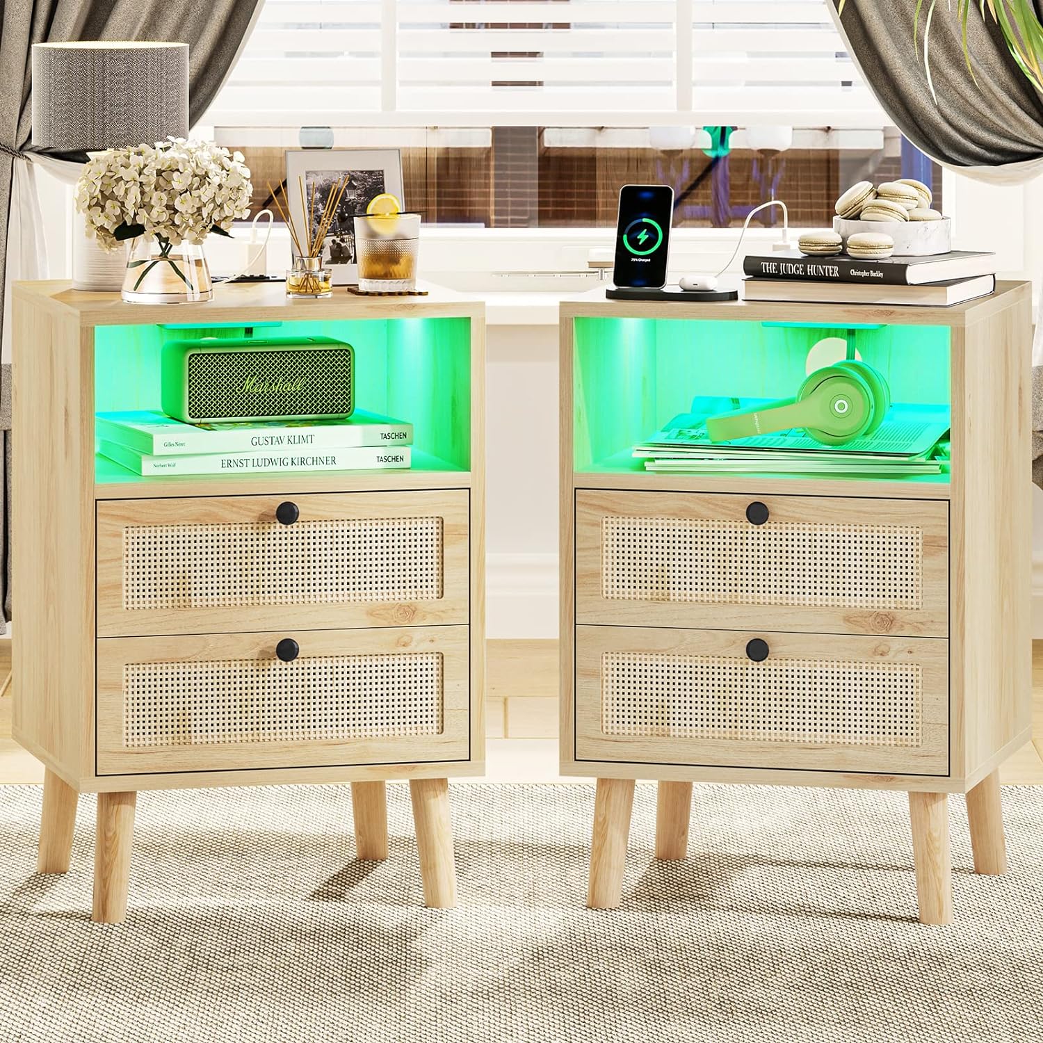 VIAGDO Rattan Nightstands Set of 2 with LED Lights, Night Stand Charging Station and Storage Drawers, Bedside Tables Solid Wood Feet, Modern End Side Table for Bedroom, Natural Light Wood 2 Pack