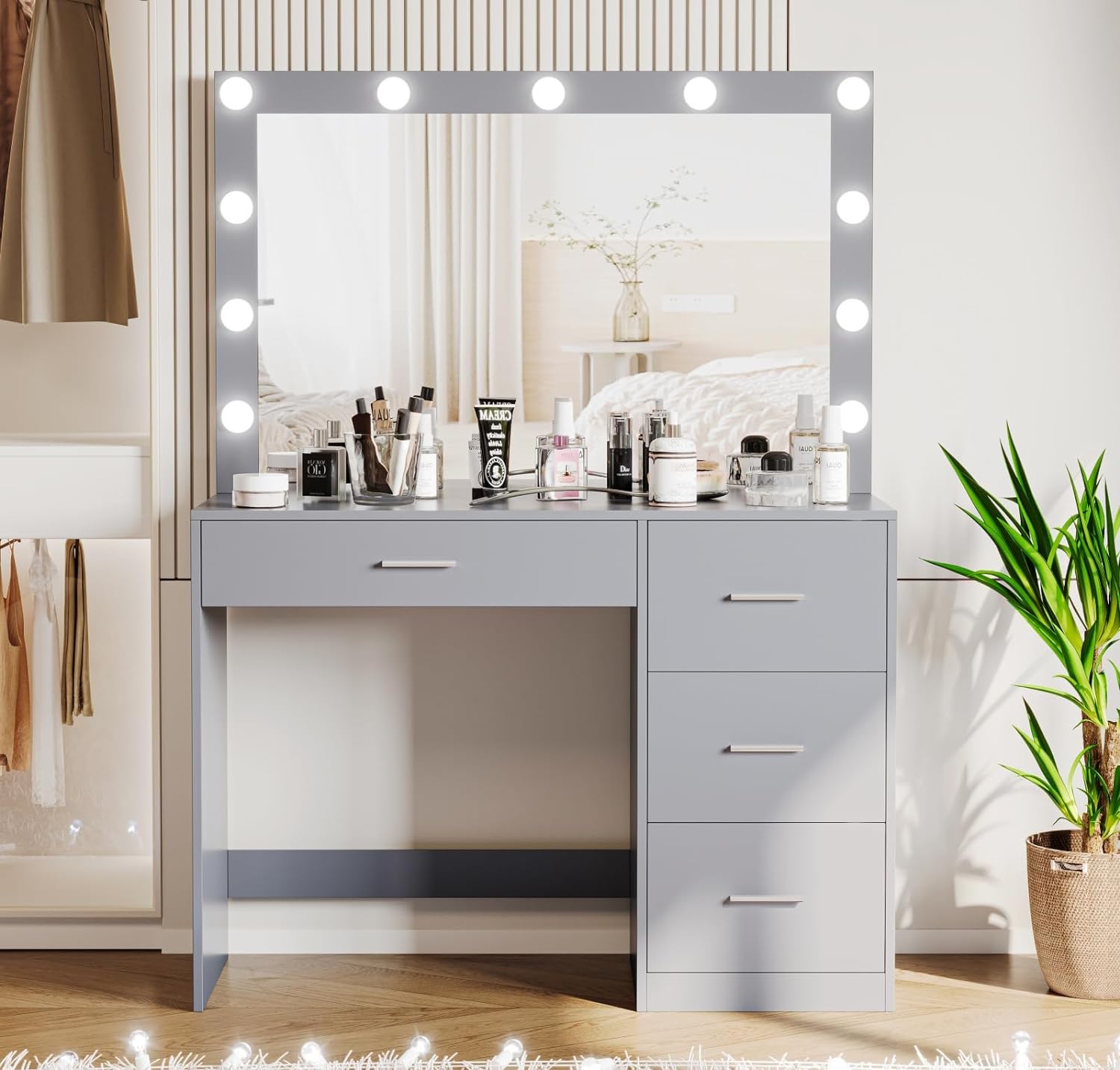 Irontar Makeup Vanity Table, Makeup Table with Large Mirror and 11 LED Lights, Brightness Adjustable, Dressing Table Desk with 4 Drawers, Vanity Desk for Girls, Women, Gray WDT002G