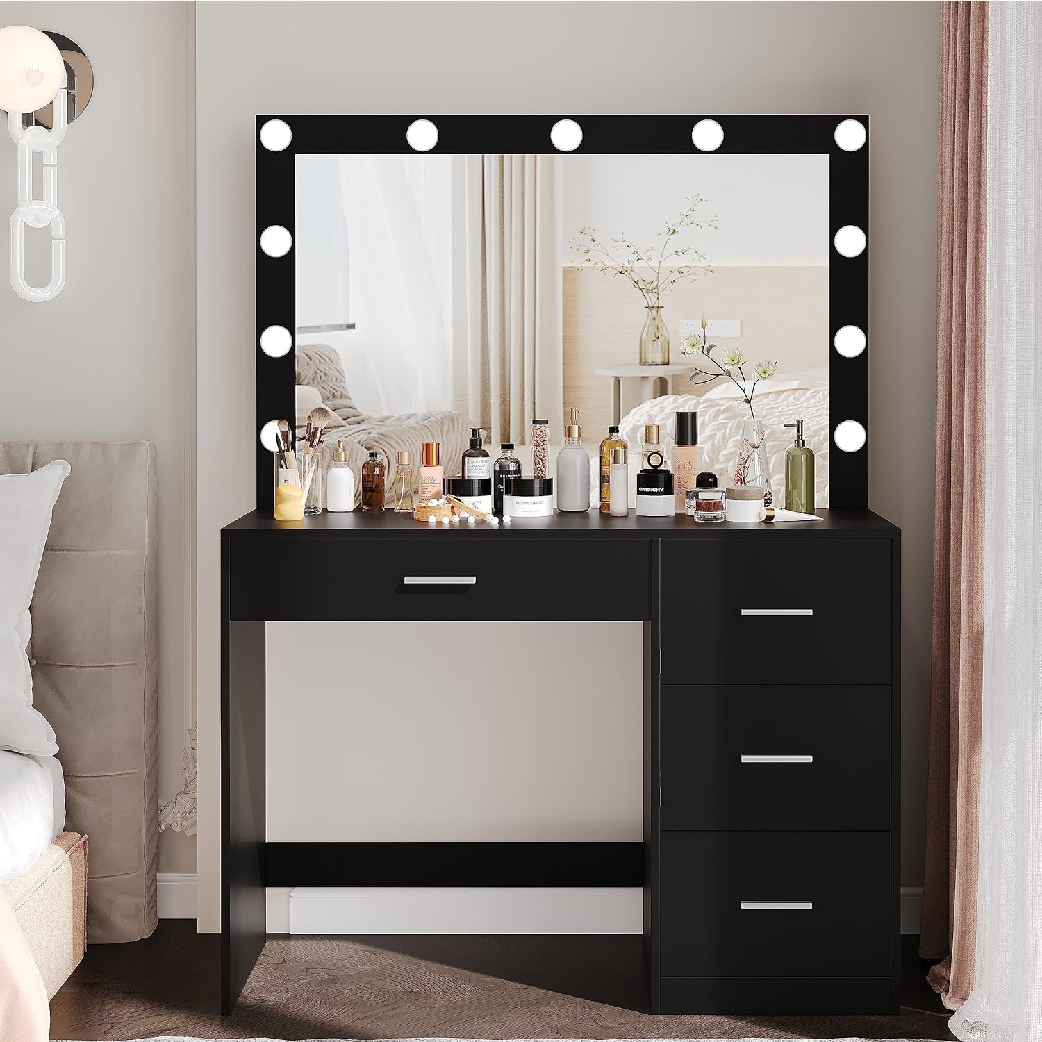 Irontar Makeup Vanity Table, Vanity Desk with Large Mirror and 11 LED Lights, Brightness Adjustable, Dressing Table with 4 Drawers, Makeup Table for Girls, Women, Black WDT002B