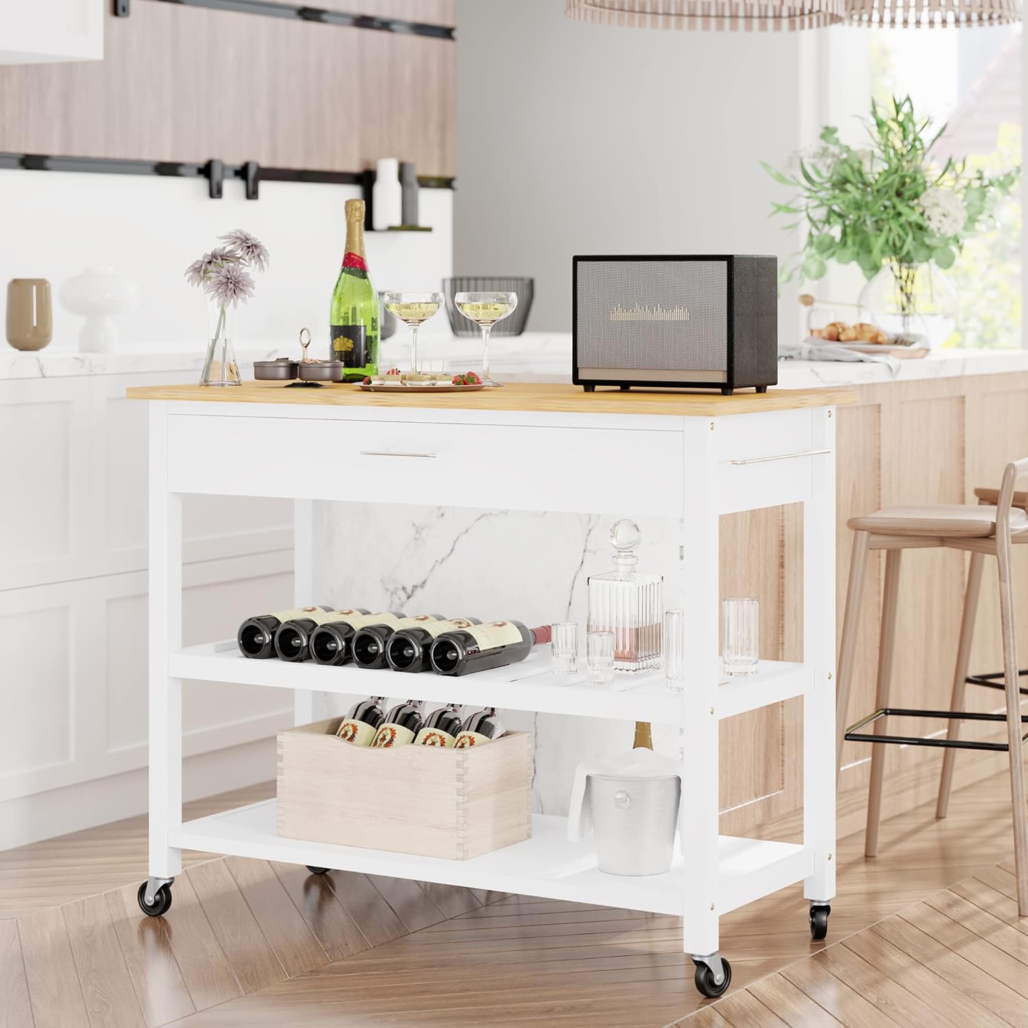 Shintenchi Kitchen Island Cart with Storage,Rolling Kitchen Island Side Table on Wheels with Large Worktop,Storage Cabinet,Towel Rack,Drawers and Open Shelves for Kitchen,Dinning Room,White