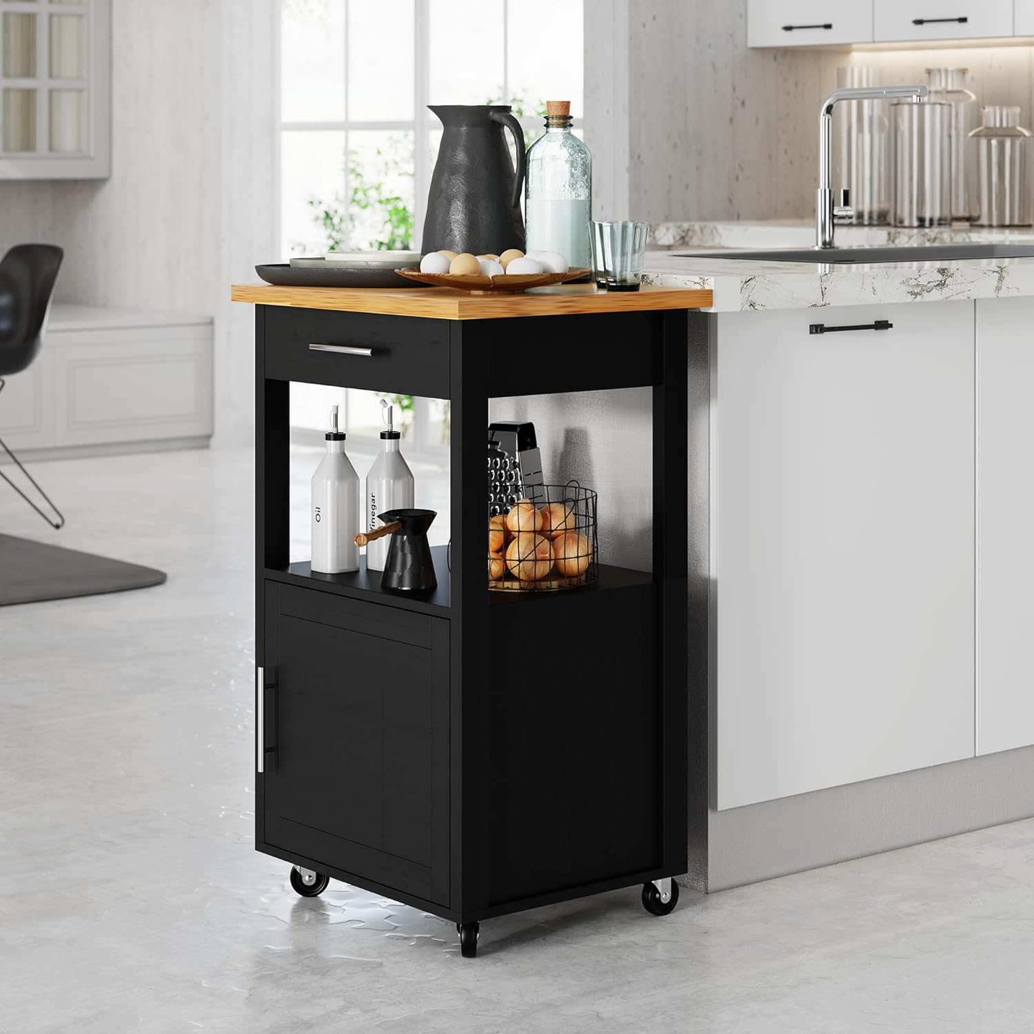 Shintenchi Kitchen Island Cart with Storage,Rolling Kitchen Island Side Table on Wheels with Worktop,Single Door Storage Cabinet and Drawer for Kitchen,Dinning Room, Black