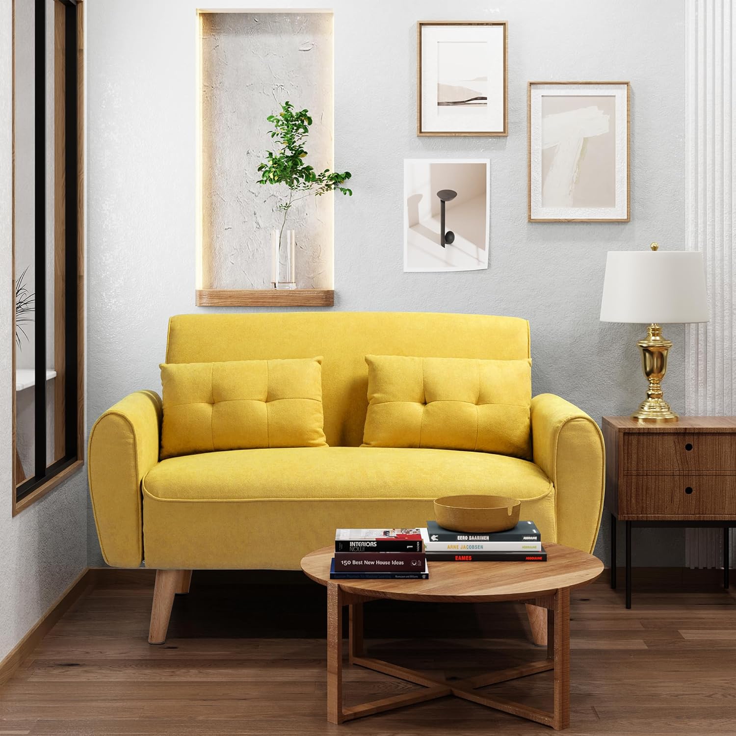 Shintenchi 47 Small Modern Loveseat Couch Sofa, Fabric Upholstered 2-Seat Sofa, Love Seat Furniture with 2 Pillows, Wood Leg for Small Space, Living Room, Bedroom, Apartment, Yellow