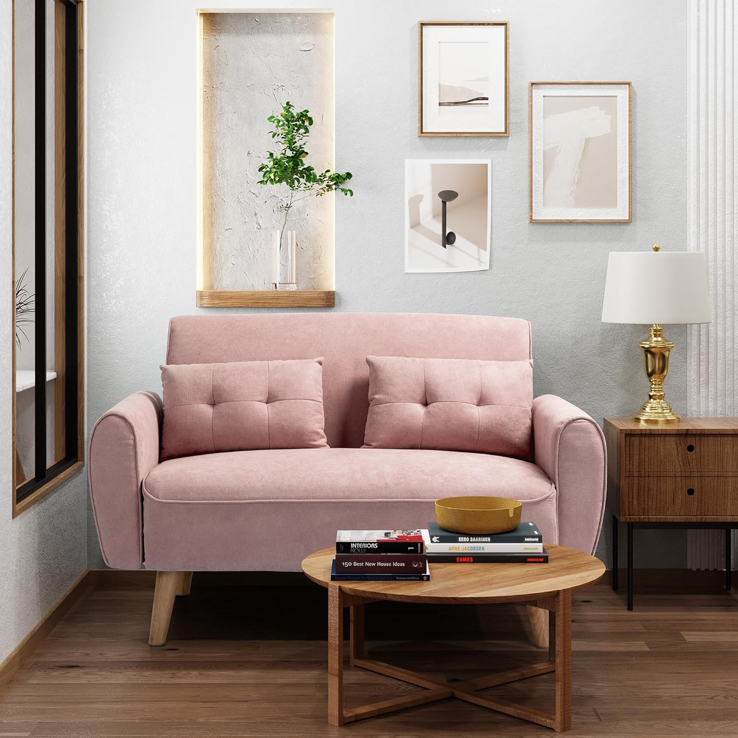 Shintenchi 47 Loveseat Wood Sofa with High-Density Sponge Cushion, Mid-Century Modern Design, Pink