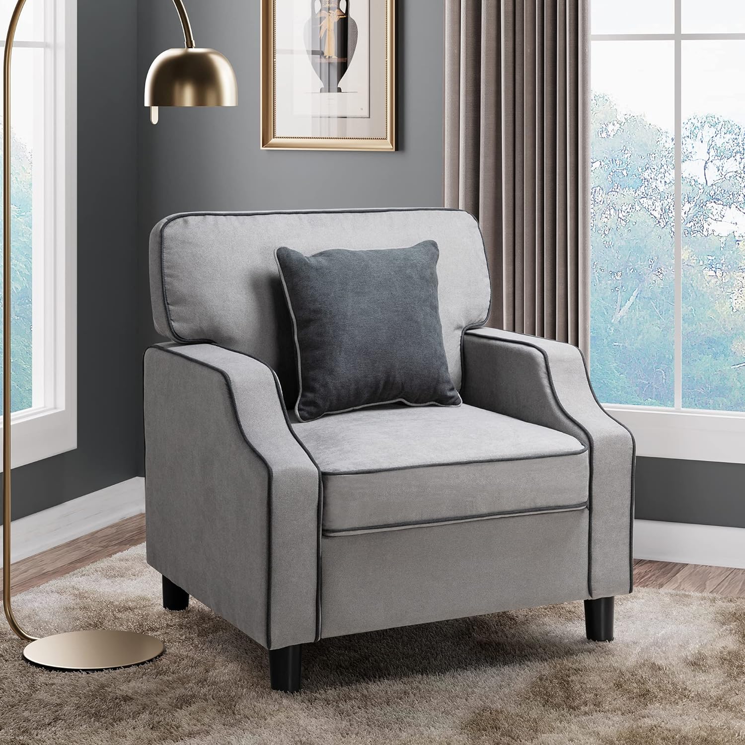 Shintenchi Small Modern Single Sofa Accent Chair, Mid Century Fabric Upholstered Single Sofa Chair with Soft Padded Armrest Leisure Chair for Living Room, Reading Room, Bedroom,Light Grey