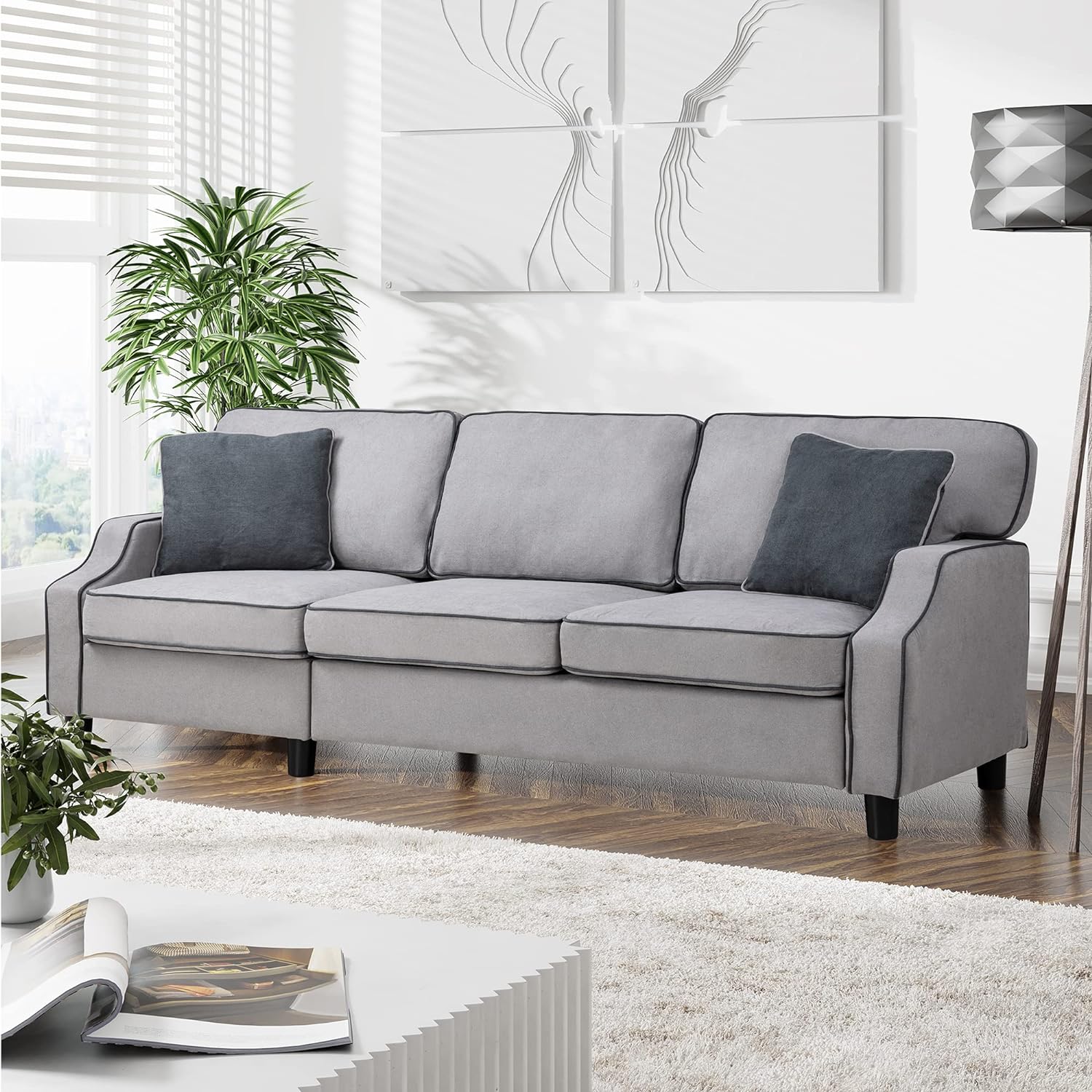 Shintenchi 79Modern Fabric Sofa Couch,Mid Century Linen Upholstered Fabric 3-Seat Sofa Loveseat Furniture with Pillow for Small Living Room, Apartment,Studio and Small Space,Light Gray