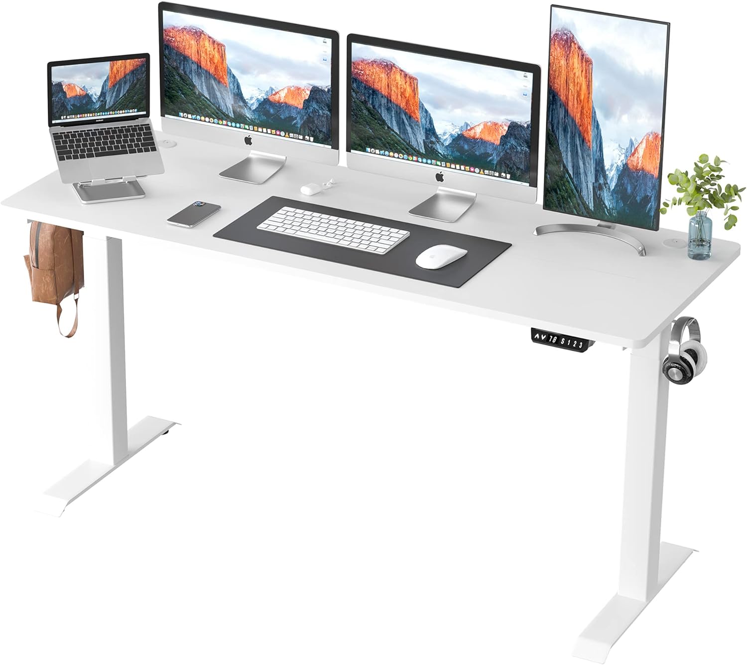 Shintenchi Electric Standing Desk, 63 x 24 Inch Height Adjustable Sit Stand Desk Morder Home Office Stand Up Desk Computer Work Station with Splice Board, (White Frame   White Top)