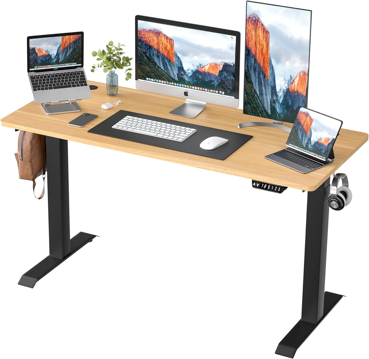 Shintenchi Electric Standing Desk, 55 x 24 Inch Height Adjustable Sit Stand Desk Morder Home Office Stand Up Desk Computer Work Station with Splice Board, (Black Frame   Walnut Top)