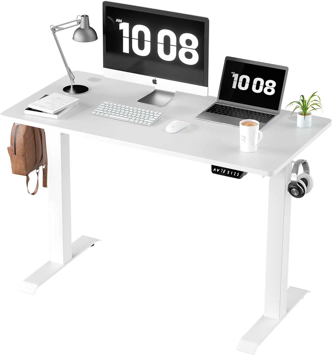 Shintenchi Electric Standing Desk, 48 x 24 Inch Height Adjustable Sit Stand Desk Morder Home Office Stand Up Desk Computer Work Station with Splice Board, (White Frame + White Top)