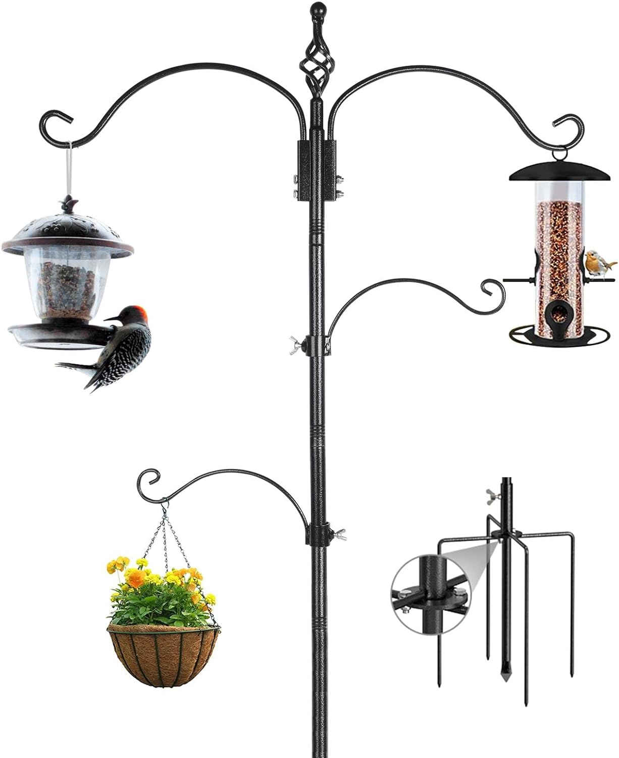 Bird Feeding Station Feeder Pole - Multi Hook 63 inches Stand for Watching Attracting Wild Bird Outdoor Hanging Pole by Highpro, 5-Prong Anchor Base