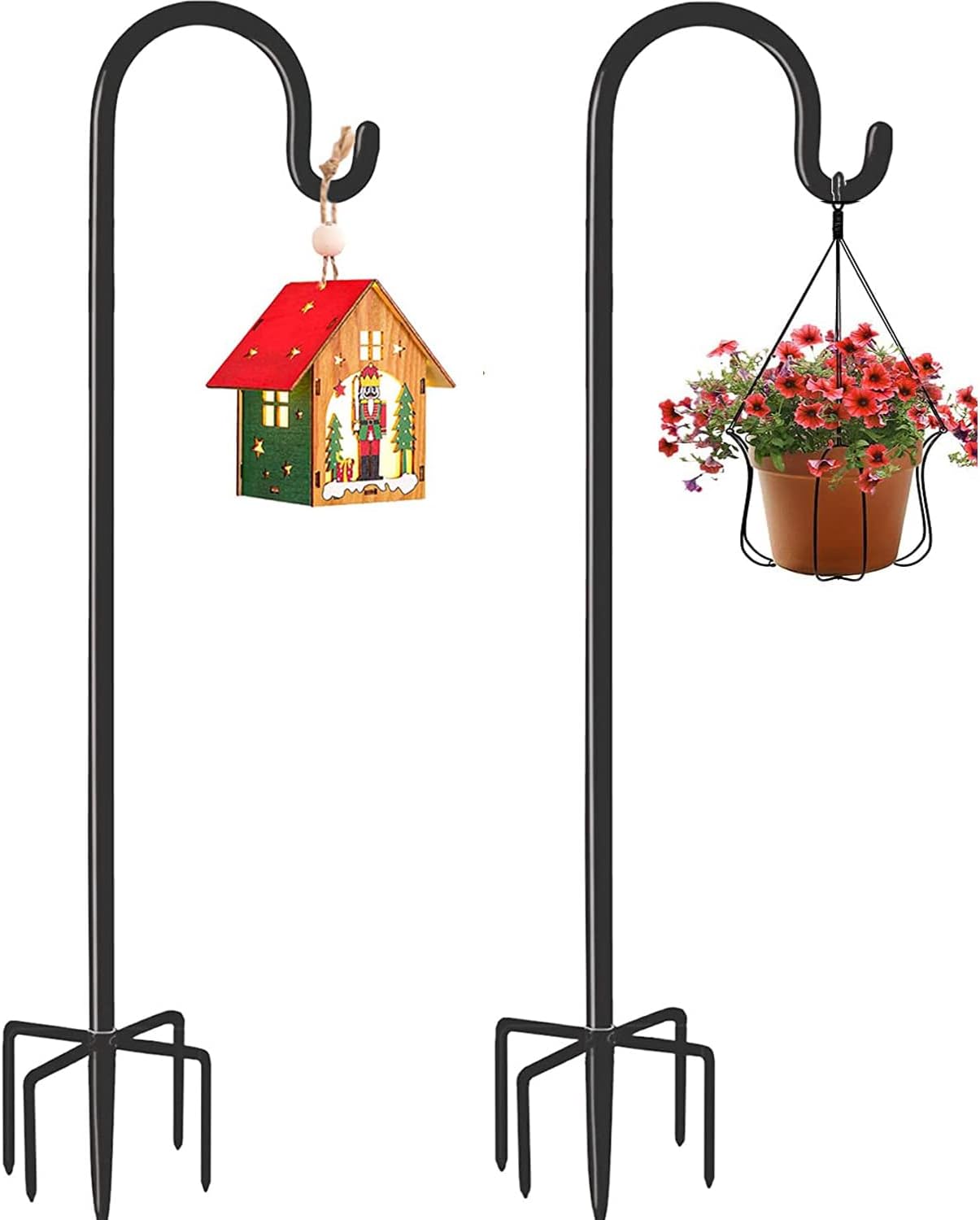 Outdoor Shepherd Hook with 5 Prong Base, Bird Feeder Pole Stand, Adjustable Heavy Duty Garden Hanging Stake for Solar Light Plant Hanger Wedding Decor, Matte Black (48in- 2Pack)