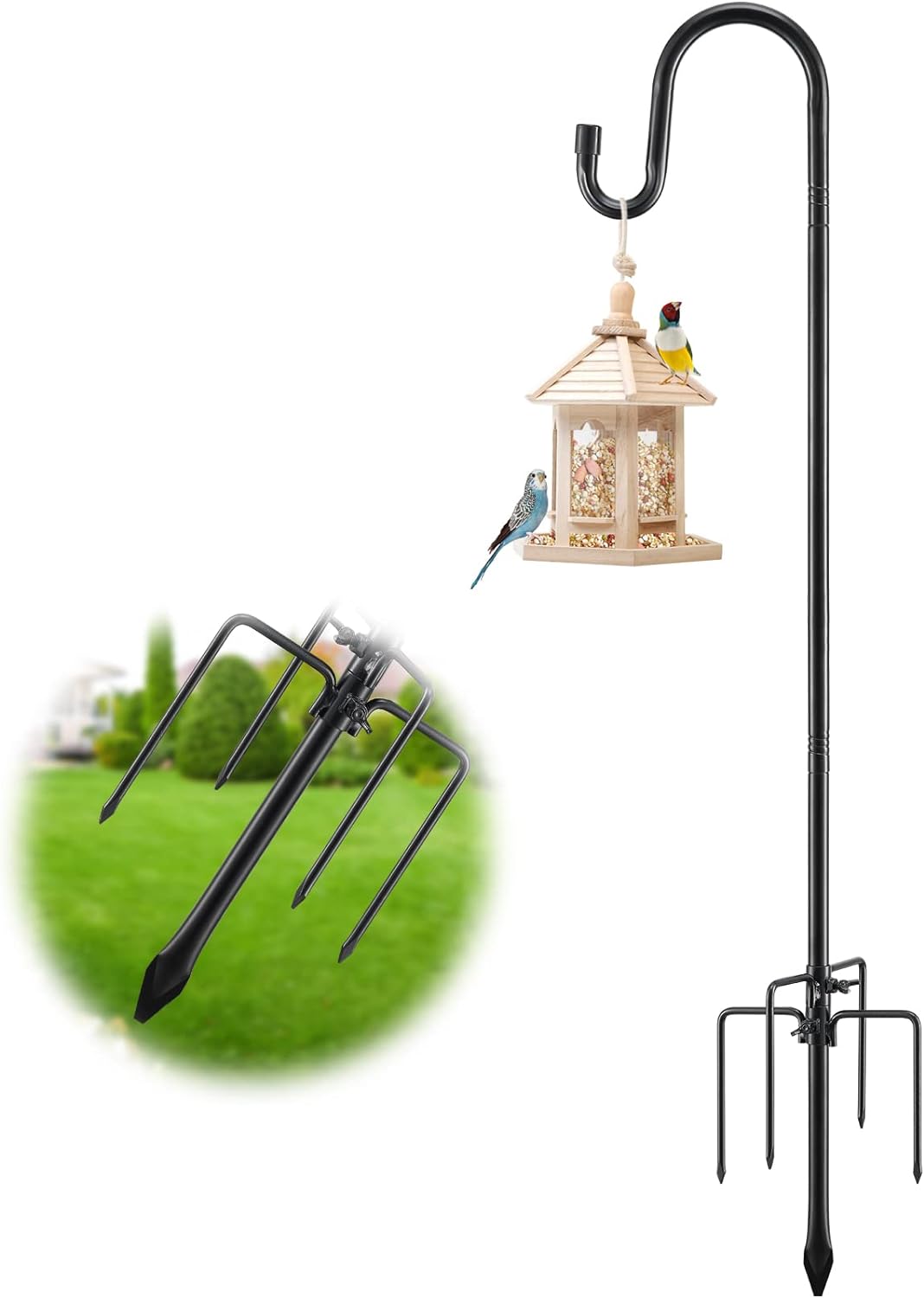 Bird Feeder Pole Hanger - 78 Inch Heavy-Duty Shepherds Hooks for Outdoor Garden Decor,Adjustable 5 Prong Shepards Hook Hummingbird Feeder Stand for Hanging Birdfeeders,Wind Chime,Plant - Black