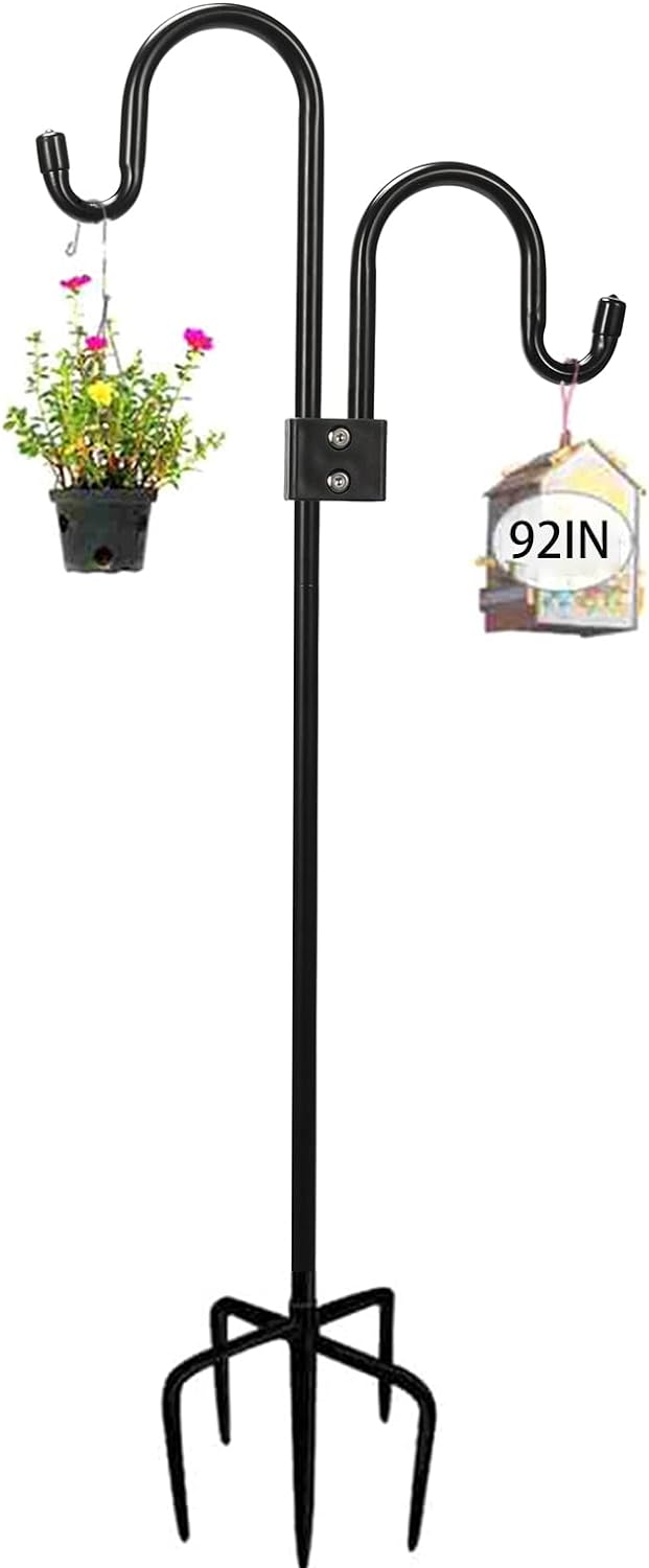 Double Shepherds Hooks For Outdoor 92 Inch, Heavy Duty Metal Bird Feeder Pole Stand With 5 Base Prongs, 28.5 To 92 Inch Adjustable Garden Holder For Hanging Plant, Wind Chimes, Wedding Garden Etc