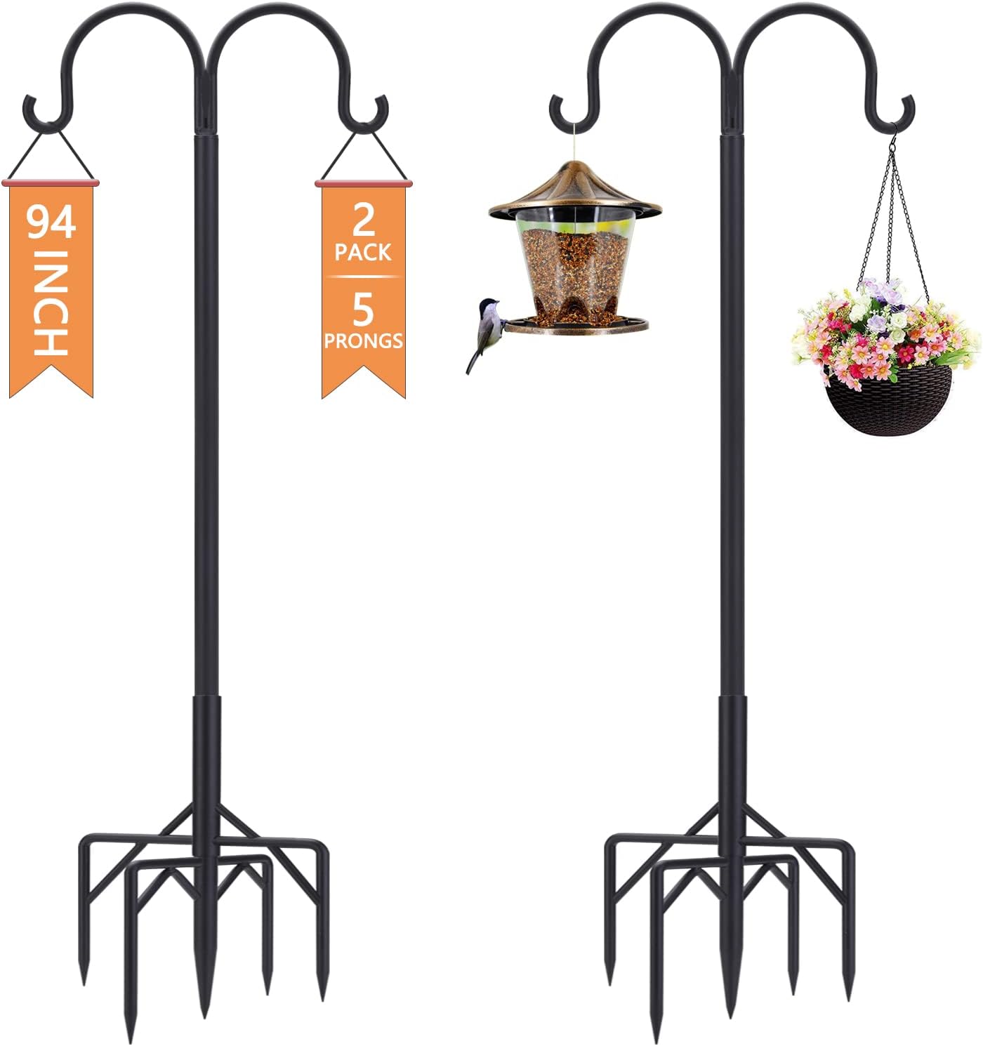 Bird Feeder Pole,Double Shepherds Hooks for Outdoor,5 Base Prongs Adjustable Bird Feeder Stand for Hanging Heavy Duty Bird Feeder,Plant Baskets,Garden Plant Hanger Stands(94Inch,2Pack)