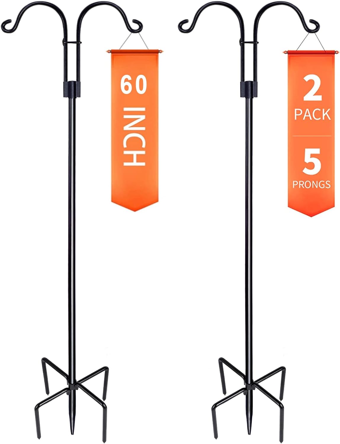 XDW-GIFTS Double Shepherds Hooks for Outdoor, 2-Pack Heavy Duty Garden Pole for Hanging Bird Feeder, Plant Baskets, Solar Light Lanterns, Garden Plant Hanger Stands with 5 Base Prongs