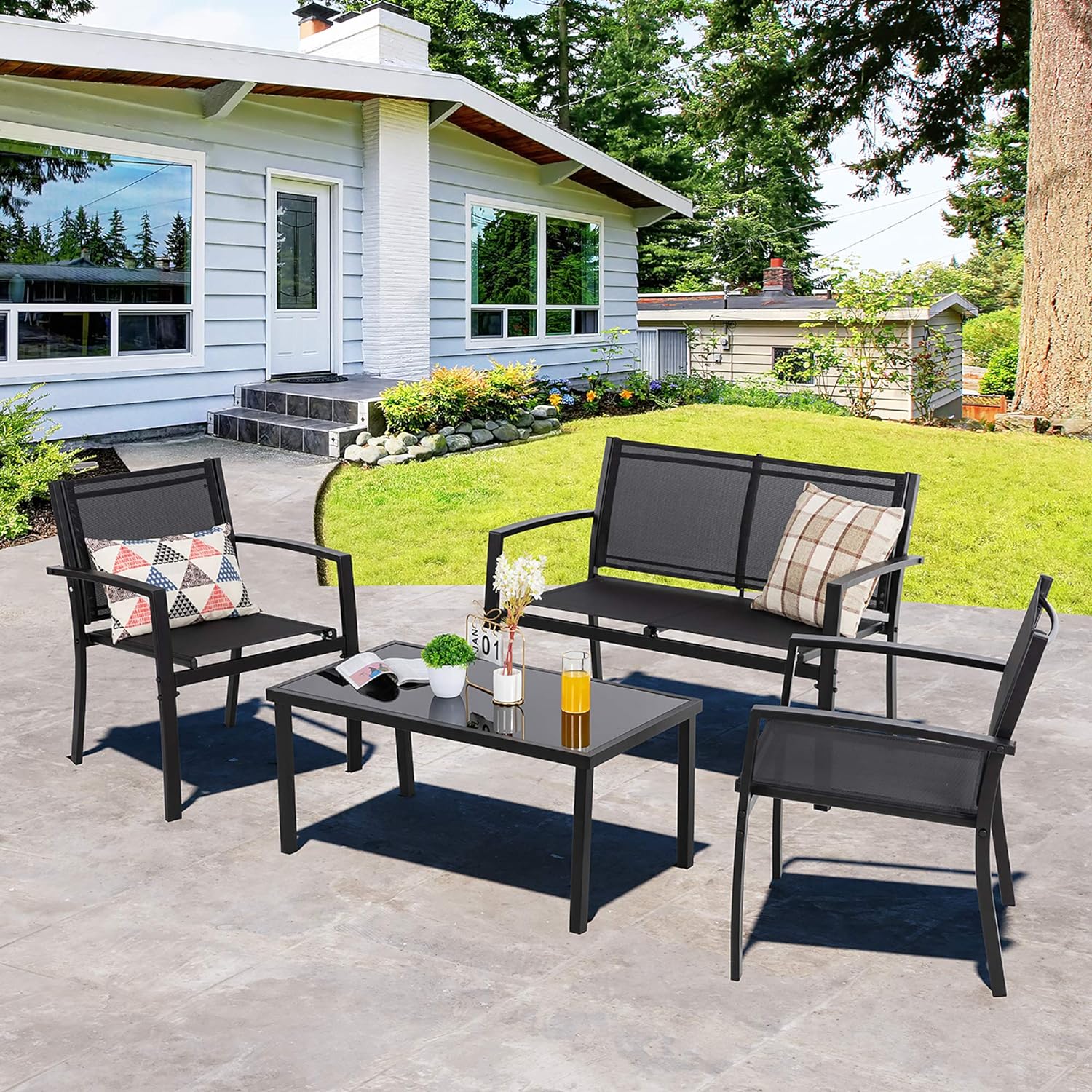 Shintenchi 4 Pieces Patio Furniture Set All Weather Textile Fabric Outdoor Conversation Set, with Glass Coffee Table, Loveseat, 2 Single Chairs for Home, Garden, Lawn, PorchBlack