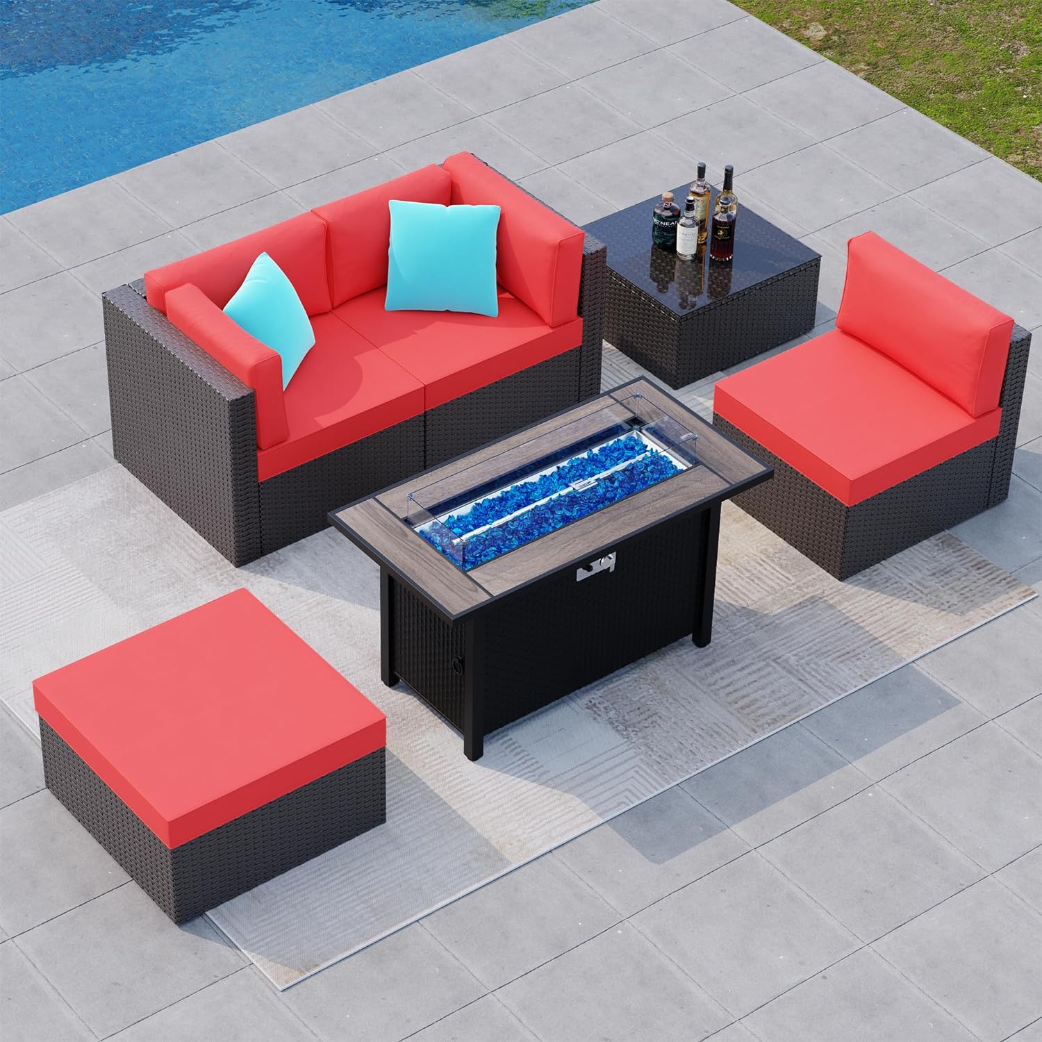 Shintenchi 6 Pieces Patio Furniture Sets w/Fire Pit Table, Outdoor Conversation Set w/50,000 BTU Steel Gas Fire Pit, Red Patio Rattan Sectional Sofa Set w/Brown Top Fire Pit