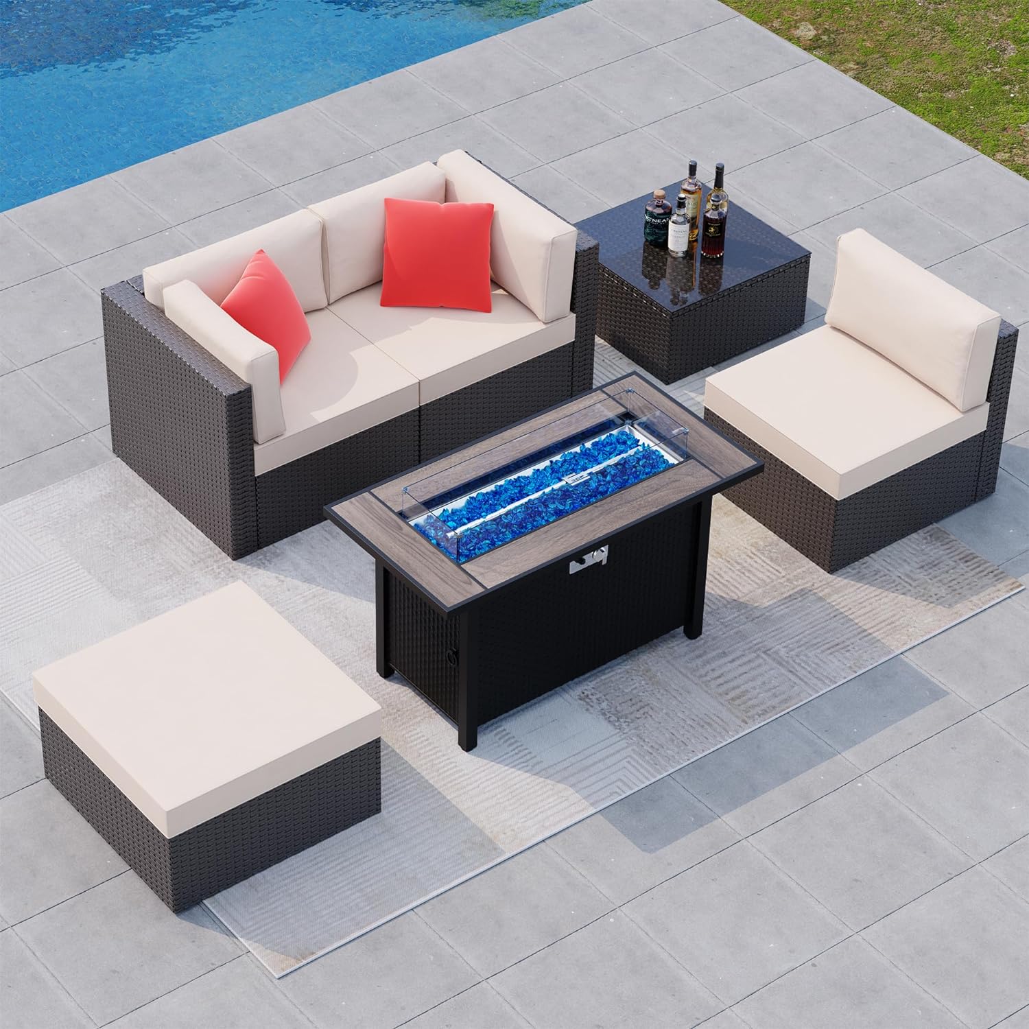 Shintenchi 6 Pieces Patio Furniture Sets w/Fire Pit Table, Outdoor Conversation Set w/50,000 BTU Steel Gas Fire Pit, Beige Patio Rattan Sectional Sofa Set w/Brown Top Fire Pit