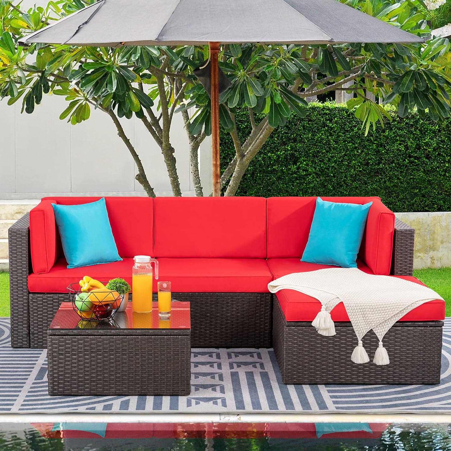 Shintenchi 5 Pieces Patio Furniture Sets Outdoor All-Weather Sectional Patio Sofa Set PE Rattan Manual Weaving Wicker Patio Conversation Set with Glass Table and Ottoman Cushion and Red Pillows, Red