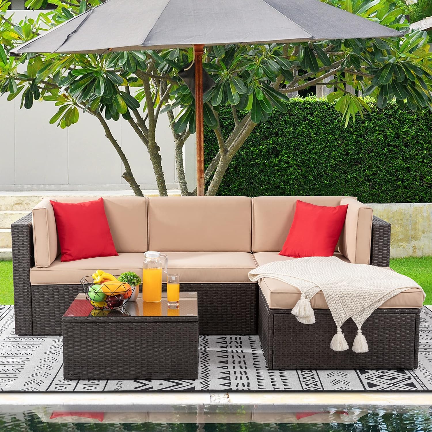 Shintenchi 5 Pieces Patio Furniture Sets Outdoor All-Weather Sectional Patio Sofa Set PE Rattan Manual Weaving Wicker Patio Conversation Set with Glass Table&Ottoman Cushion and Red Pillows