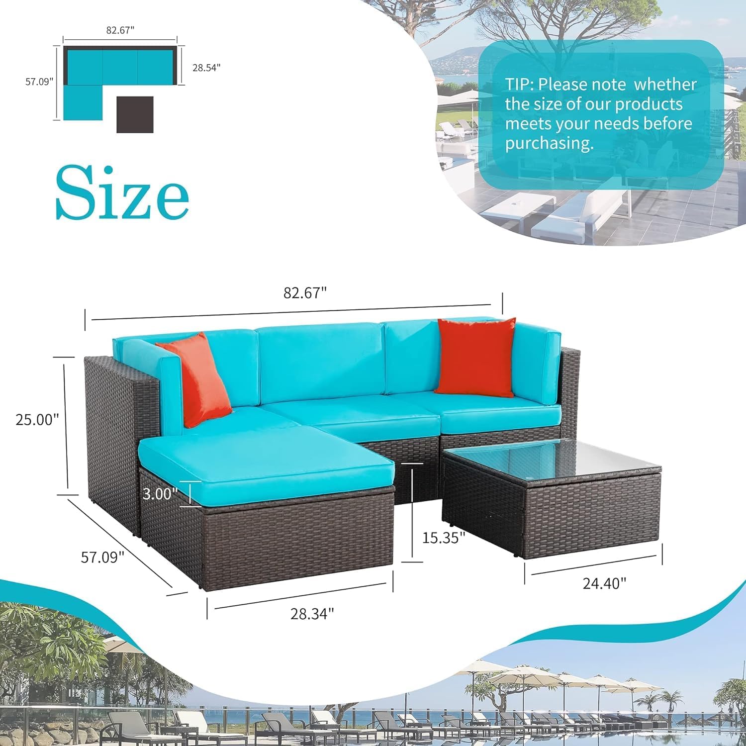 Shintenchi 5 Pieces Patio Furniture Sets Outdoor All-Weather Sectional Patio Sofa Set PE Rattan Wicker Patio Conversation Set with Glass Table&Ottoman Cushion, Blue