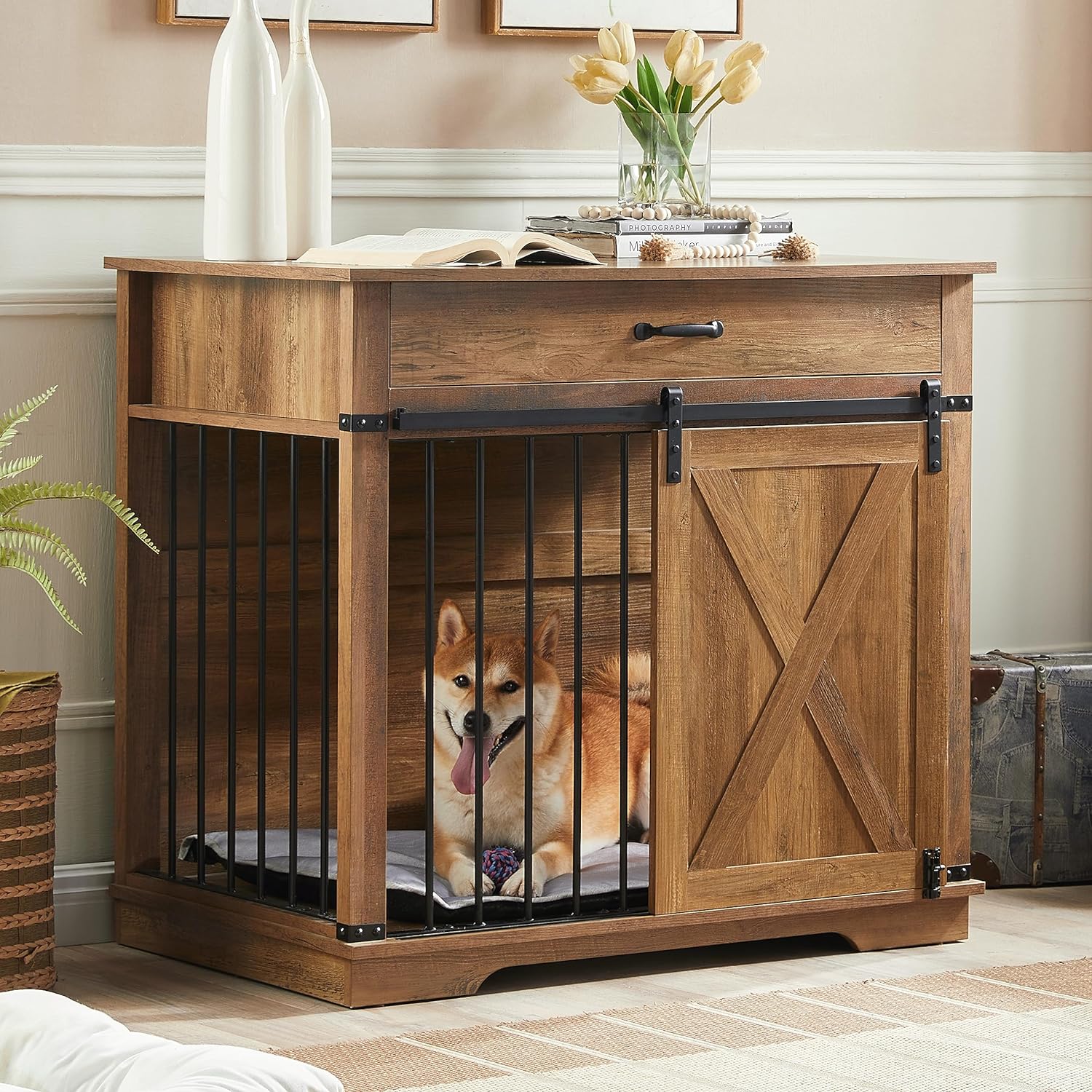 EDYO LIVING 38 Large Dog Crate Furniture with Sliding Barn Door, Wooden Dog Kennel with Drawer for Storage, Water Resistant Indoor Furniture Style Dog Crate for Small/Medium/Large Dog, Rustic Oak