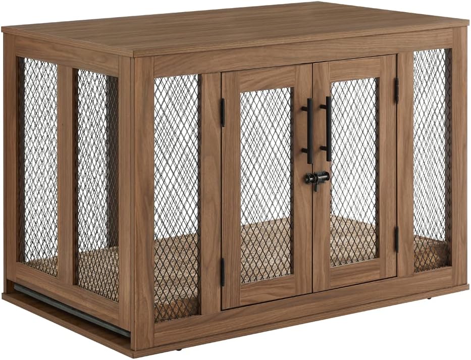 unipaws Furniture Dog Crate with Tray for Medium Dogs, Indoor Aesthetic Puppy Kennel Pet House Dog Cage with Door, Modern Decorative Wood Pretty Cute Fancy End Side Table Nightstand, Walnut