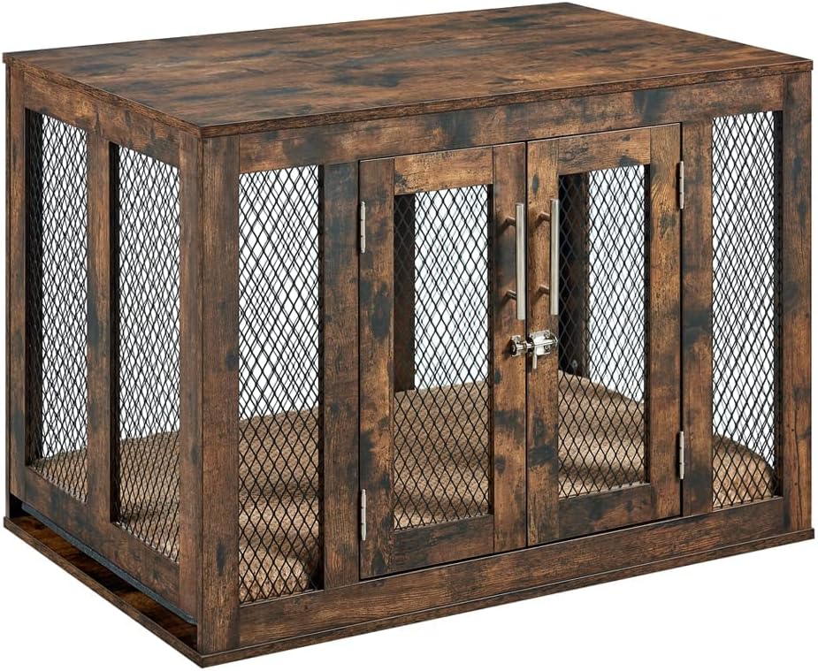 unipaws Furniture Dog Crate with Tray for Medium Dogs, Indoor Aesthetic Puppy Kennel Pet House Dog Cage with Door, Modern Decorative Wood Pretty Cute Fancy End Side Table Nightstand, Rustic