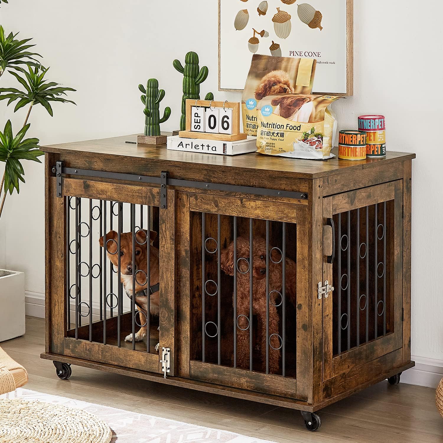 IchbinGo Dog Crate Furniture with Sliding Barn Door, 39 Wooden Dog Kennel End Table with Wheels and Flip-top Plate Dog House with Detachable Divider for Small/Medium/Large Dog (Rustic Brown)