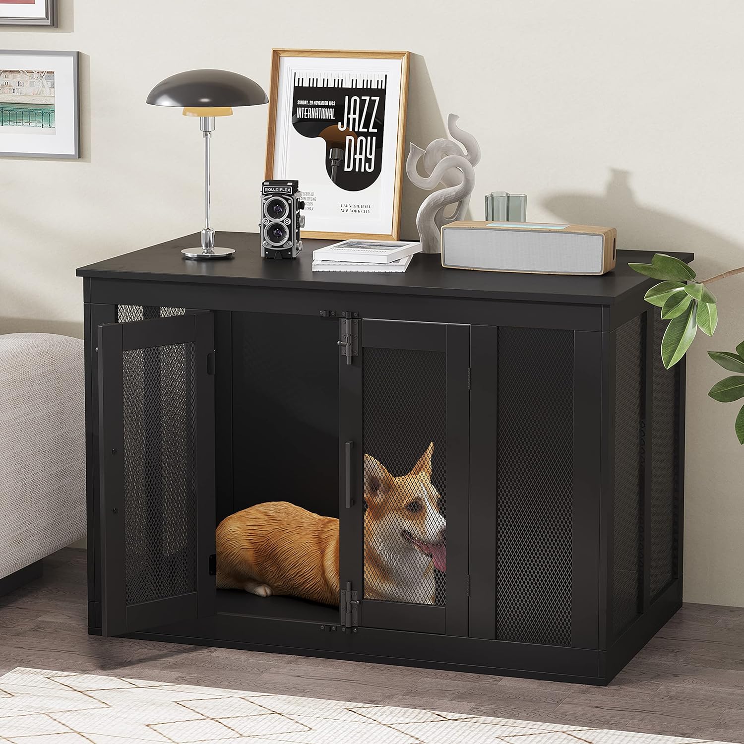 Irontar End Table Dog Crate Furniture for Small to Large Dogs, Wooden Dog Kennel with Cushion, Double-Door Dog House, Black MGW001H