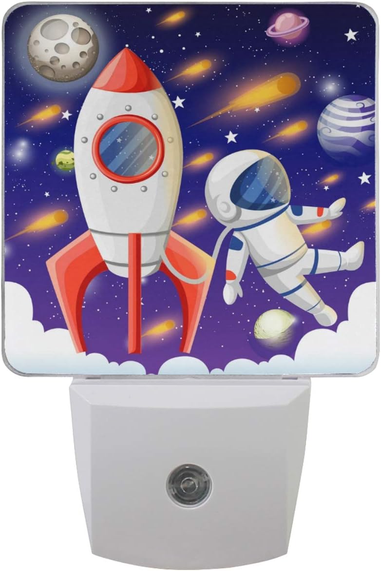 Pfrewn Astronaut Rocket Night Light Plug in Set of 2 Space Earth Galaxy Universe Nightlights LED Auto Dusk-to-Dawn Sensor Lamp for Bedroom Bathroom Reading Kitchen Hallway Stairs Decorative