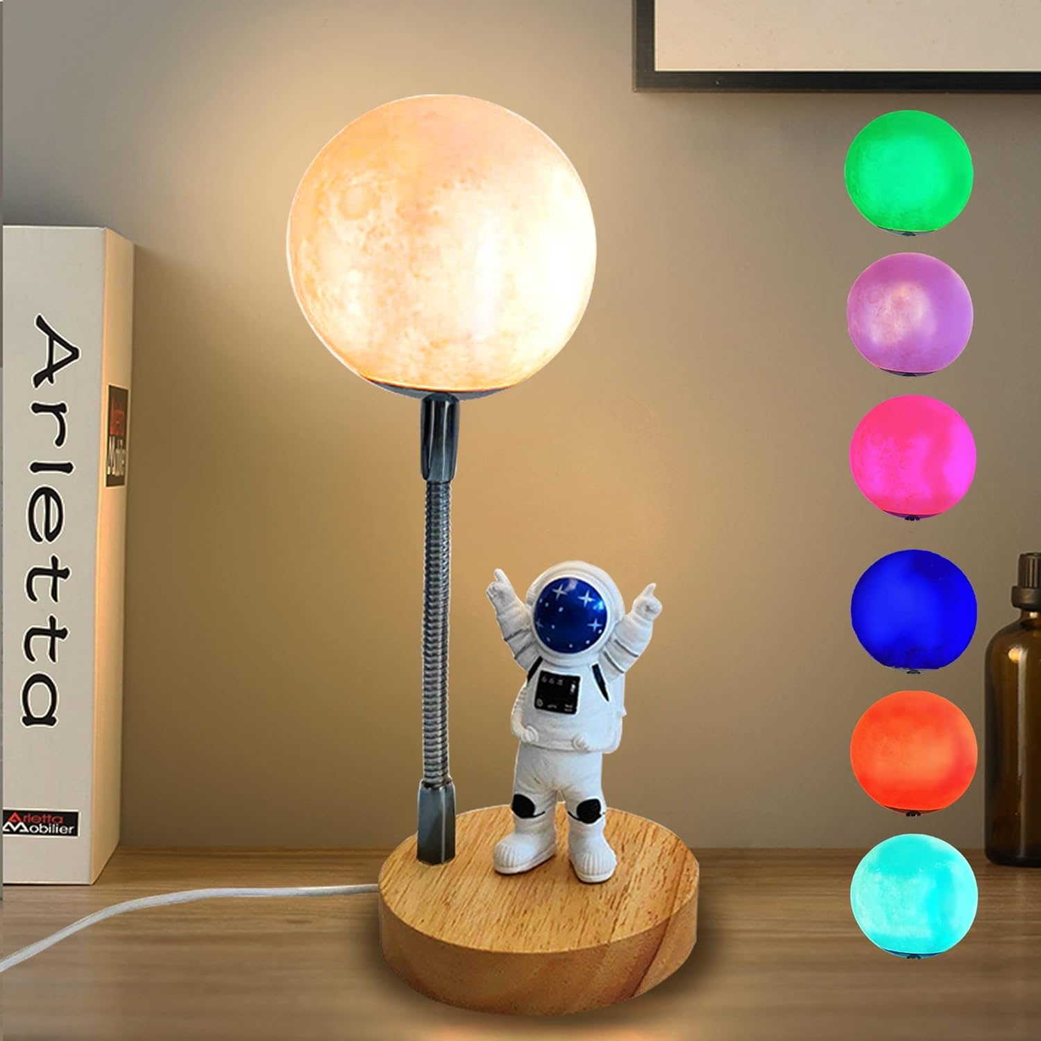 Moon Table Lamp for Kids,Space Buddy Light with 7 Color Astronaut Night Light,USB Powered and Button Control 3D Moon Light,Perfect for Bedroom,Nursery and Space-Themed Parties, Ideal Birthday Gift