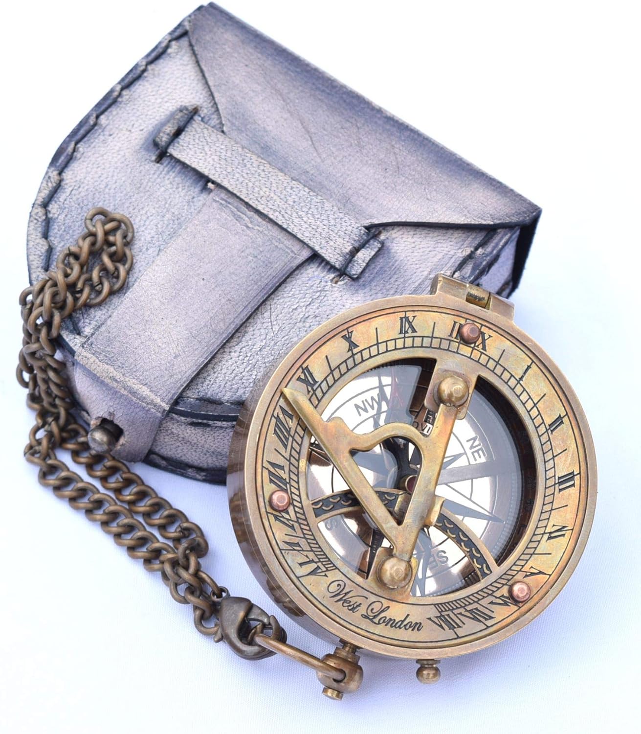 Brass Sundial Compass with Chain & Leather Case - Marine Nautical - Sun Clock - Steampunk Accessory
