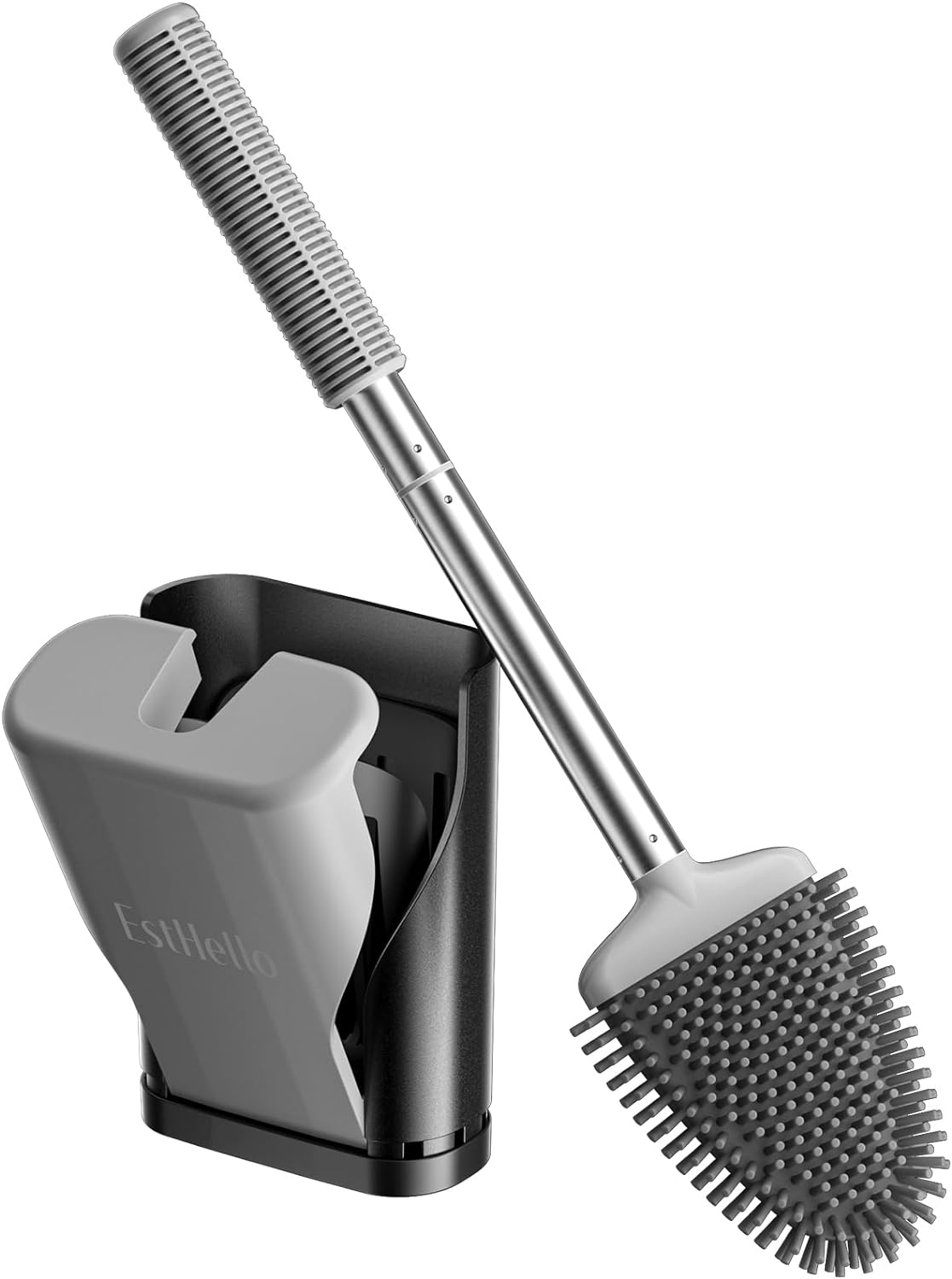 ESTHELLO Toilet Brush with Automatic Opening and Closing Holder, Silicone Toilet Bowl Cleaning Brush with Stainless Steel Handle, Compact Flexible Toilet Scrubber for Bathroom Cleaning, Grey and Black