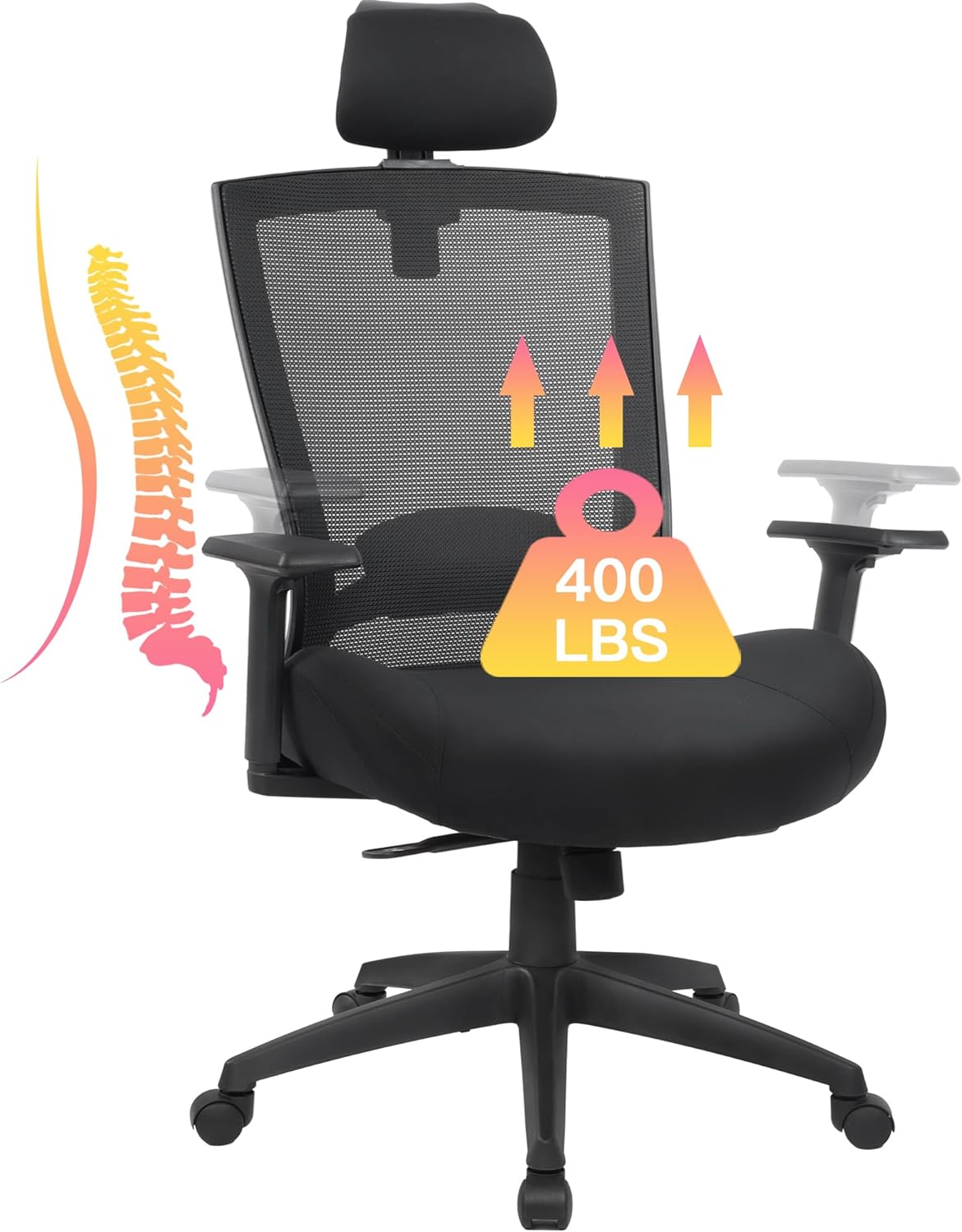 Big and Tall Office Chair for Heavy People 400lb, Heavy Duty Ergonomic Mesh Chair, Computer Executive Desk Chair, Adjustable Height, Headrest, Armrests, and Lumbar Support, Black