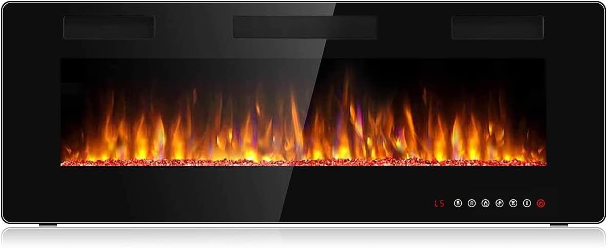 BOSSIN 50 inch Ultra-Thin Silence Linear Electric Fireplace, Recessed Wall Mounted Fireplace, Fit for 2 x 4 and 2 x 6 Stud, 12 Adjustable Flame Color & Speed,Touch Screen Remote Control with 8h Timer