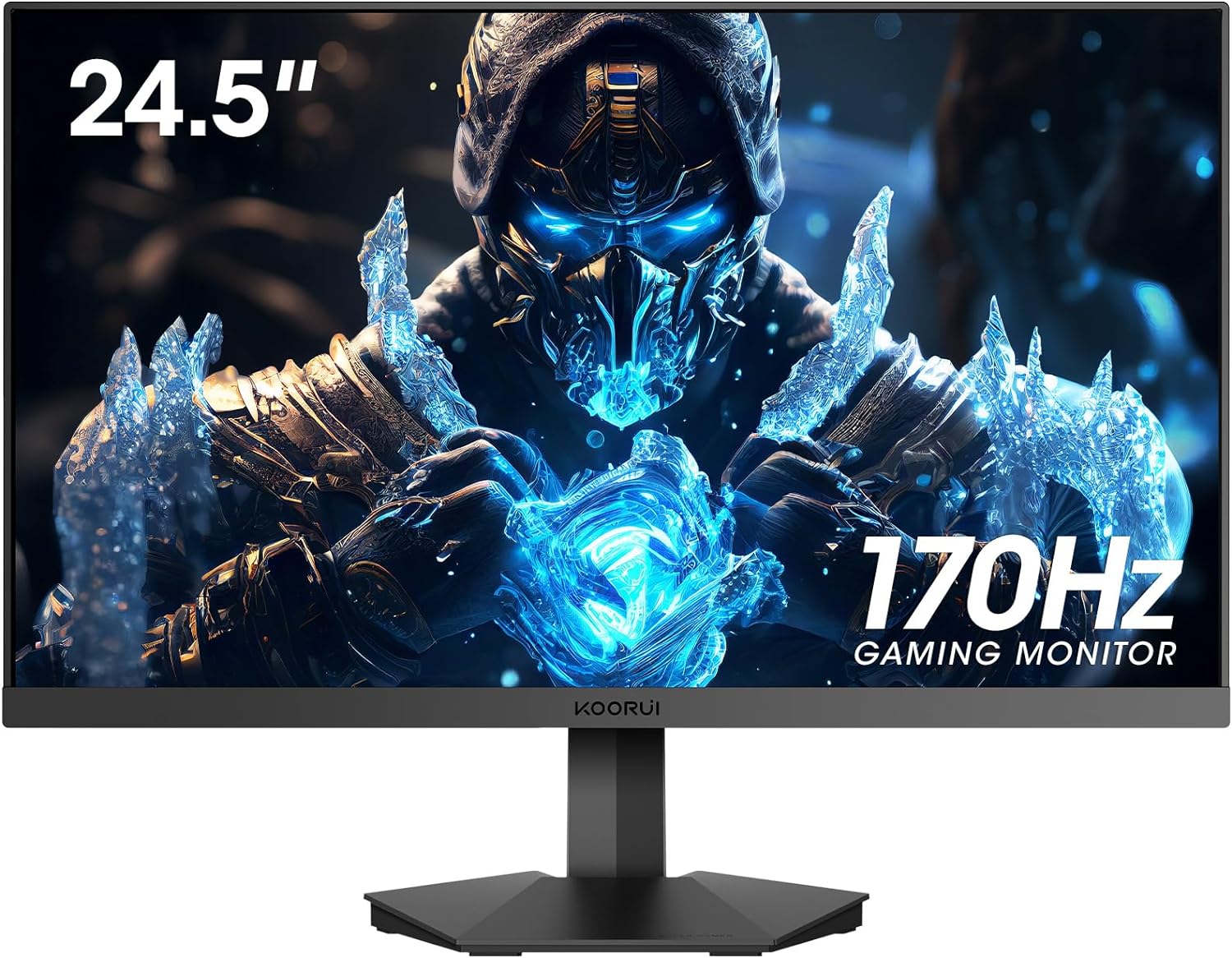 KOORUI 24.5 Inch FHD Gaming Monitor, Computer Monitors Full HD (1920 x 1080), VA, 1ms, FreeSync & G-Sync Compatible, 2X HDMI(144Hz) & DisplayPort(170Hz), sRGB 99%, VESA, Tilt Adjustable, Eye Care