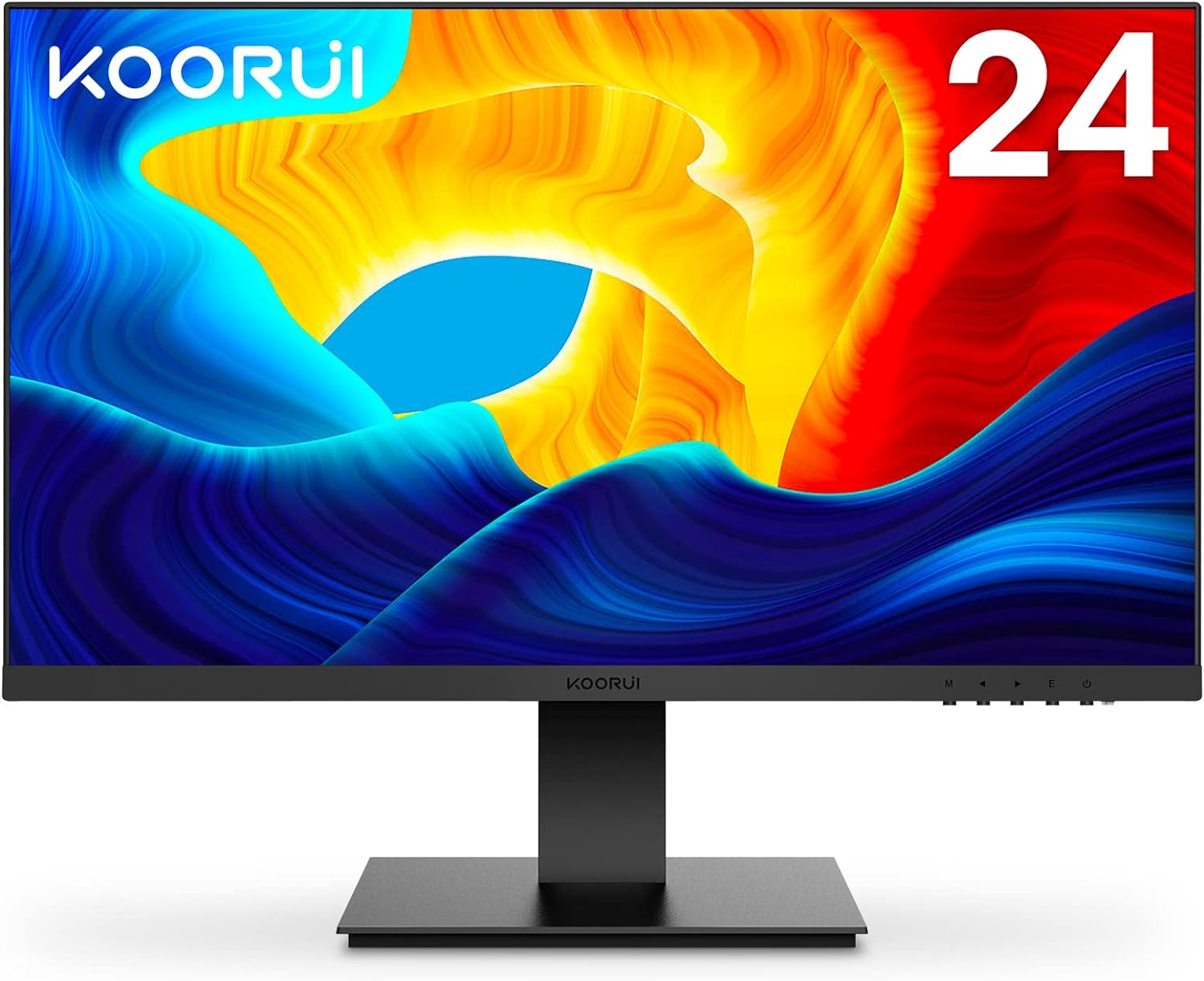 KOORUI 24 Inch Computer Monitor, FHD 1920 x 1080p Office PC Monitor IPS Display 75Hz, HDMI, VGA, 75 x 75 mm VESA Mountable, Frameless, Eye Protection and Ergonomic Tilt Adjustment