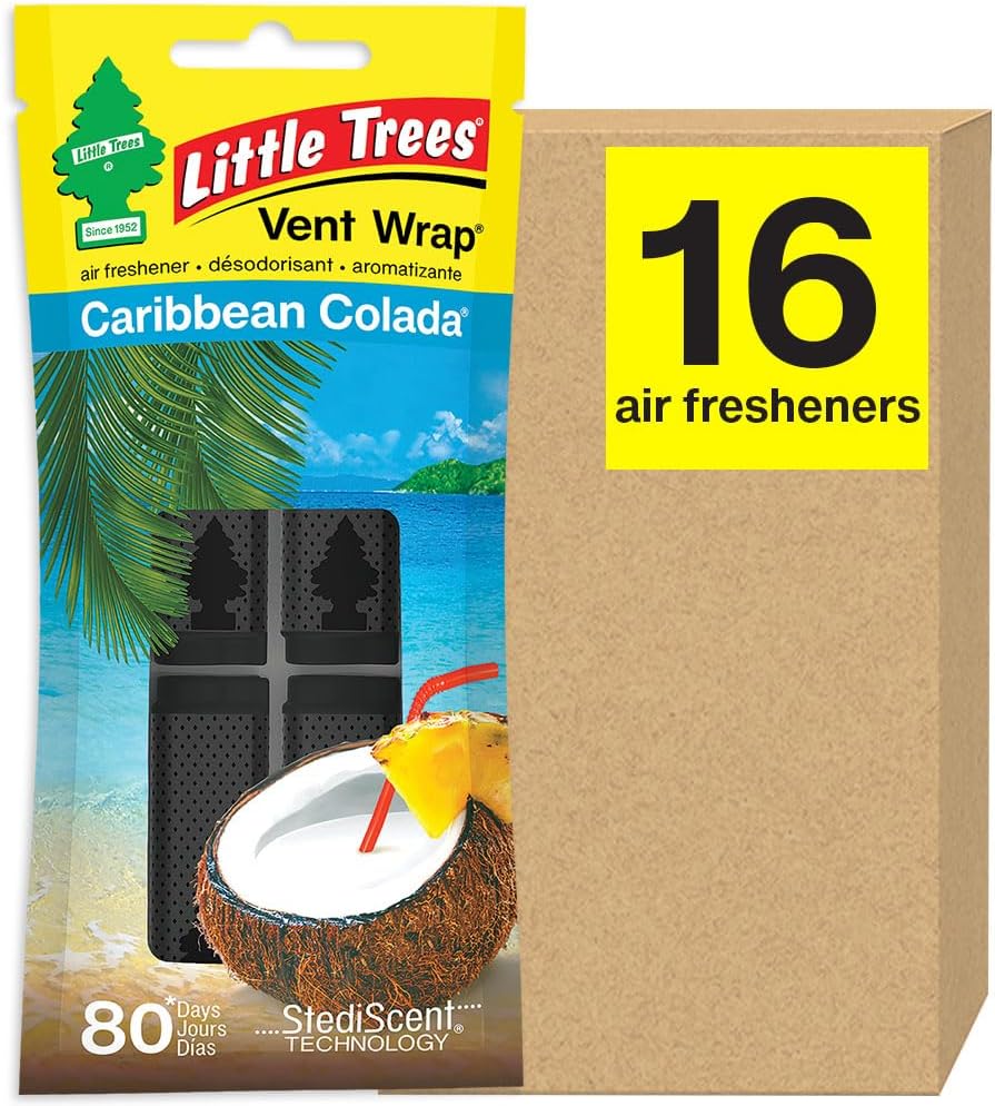 LITTLE TREES Car Air Freshener. Vent Wrap Provides Long-Lasting Scent, Slip on Vent Blade. Caribbean Colada, 16 Air Fresheners, 4 Count (Pack of 4)