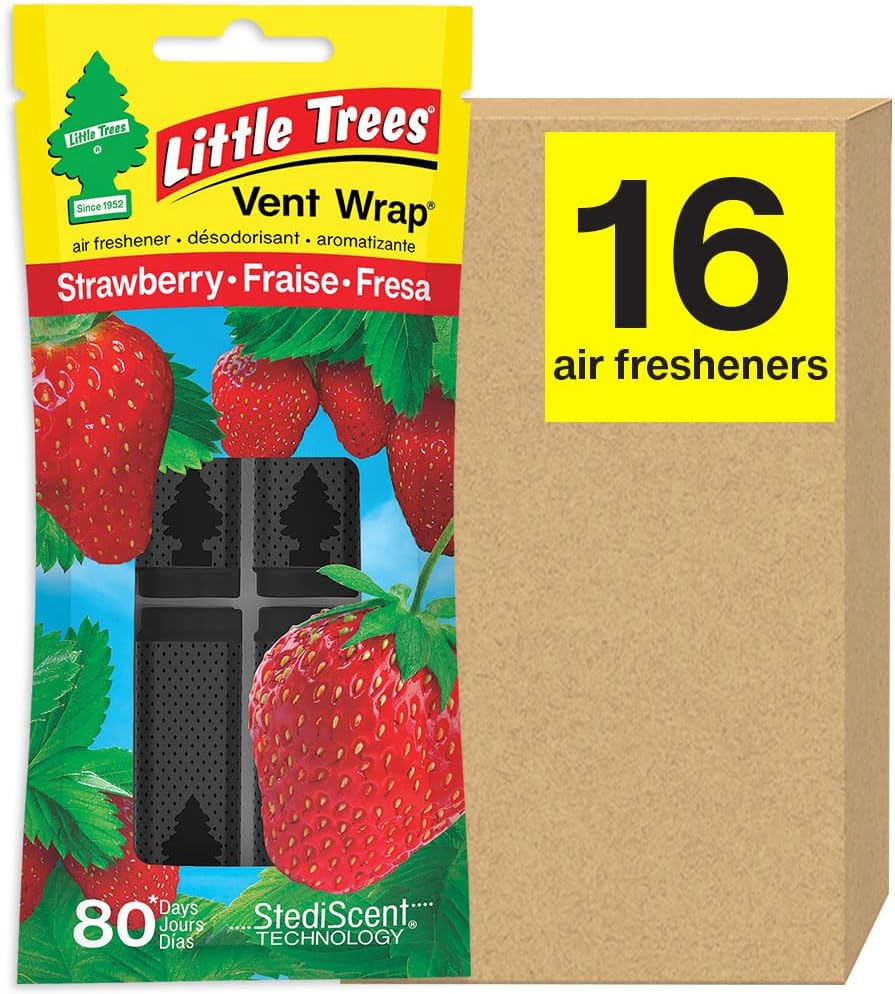 LITTLE TREES Car Air Freshener. Vent Wrap Provides Long-Lasting Scent, Slip on Vent Blade. Strawberry, 16 Air Fresheners, 4 Count (Pack of 4)