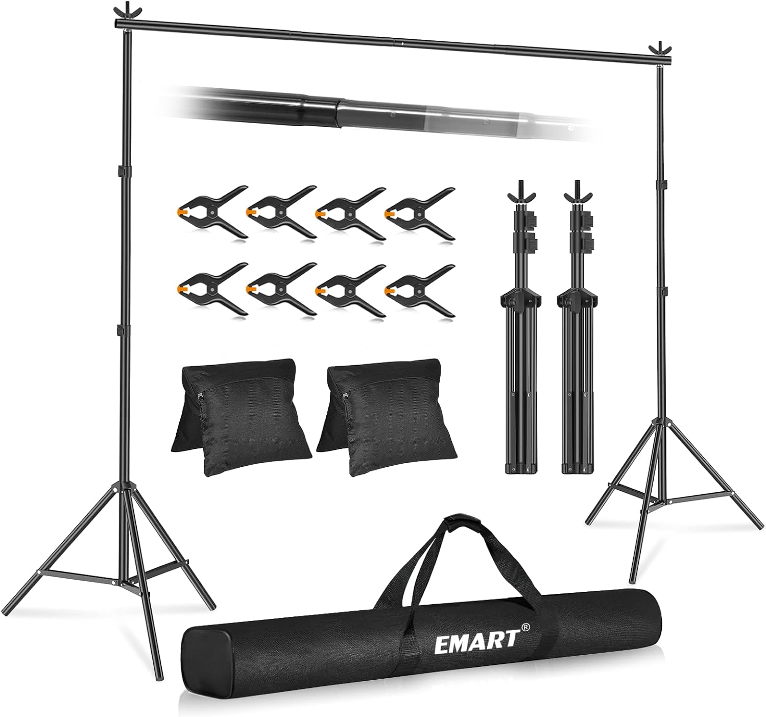 Emart Backdrop Stand 10x7ft(WxH) Photo Studio Adjustable Background Stand Support Kit with 2 Crossbars, 8 Backdrop Clamps, 2 Sandbags and Carrying Bag for Parties New Year Events Decoration